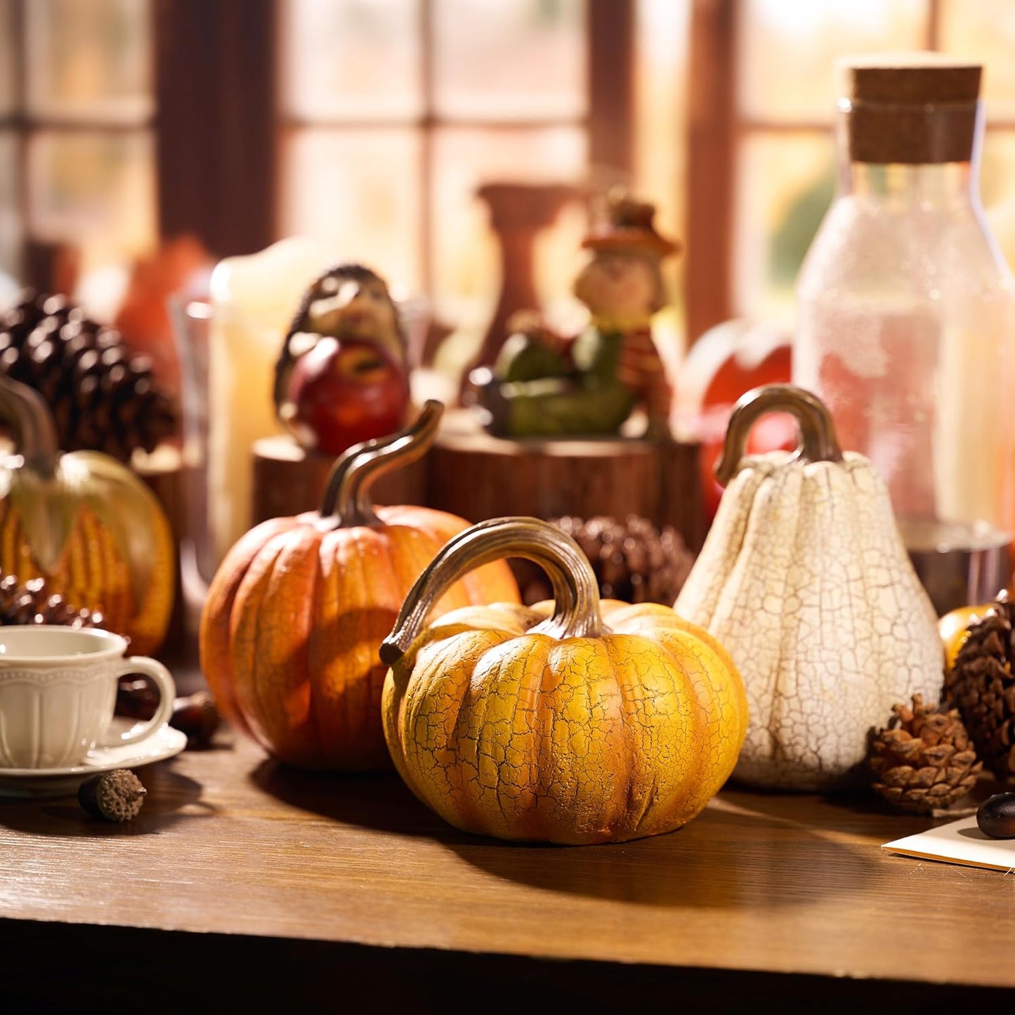 Valery Madelyn Fall Pumpkin Table Decor Cracked Pumpkin Figurine Fall Decoration for Home, 2pcs Resin Autumn Harvest Thanksgiving Halloween Party Tabletop Centerpieces, 6.7 inch