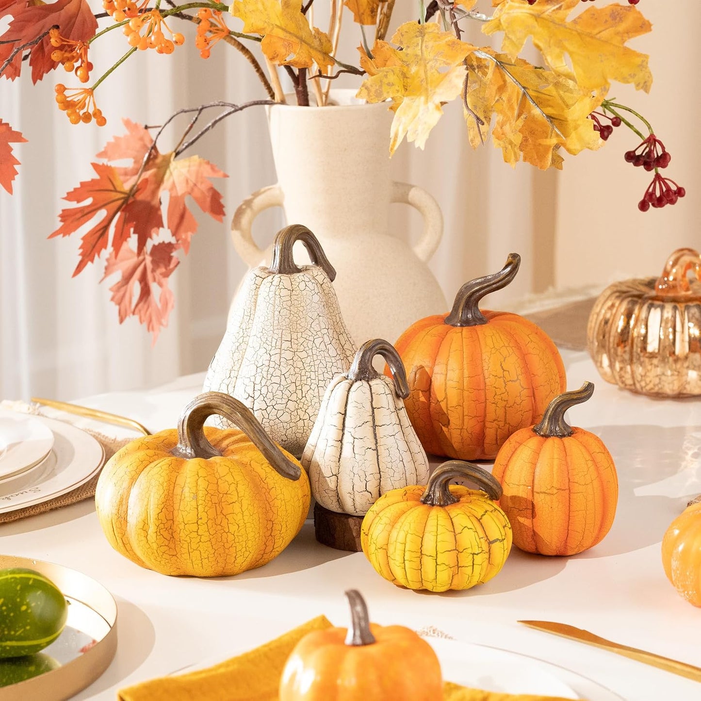 Valery Madelyn Fall Pumpkin Table Decor Cracked Pumpkin Figurine Fall Decoration for Home, 2pcs Resin Autumn Harvest Thanksgiving Halloween Party Tabletop Centerpieces, 6.7 inch