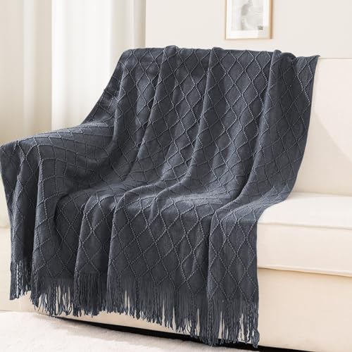 inhand Knit Klein Blue Throw Blanket for Couch, Soft Living Room Home Decor Knitted Blanket with Tassel, Outdoor Lightweight Breathable Summer Blanket, Farmhouse Warm Woven Decorative, 50"x60"