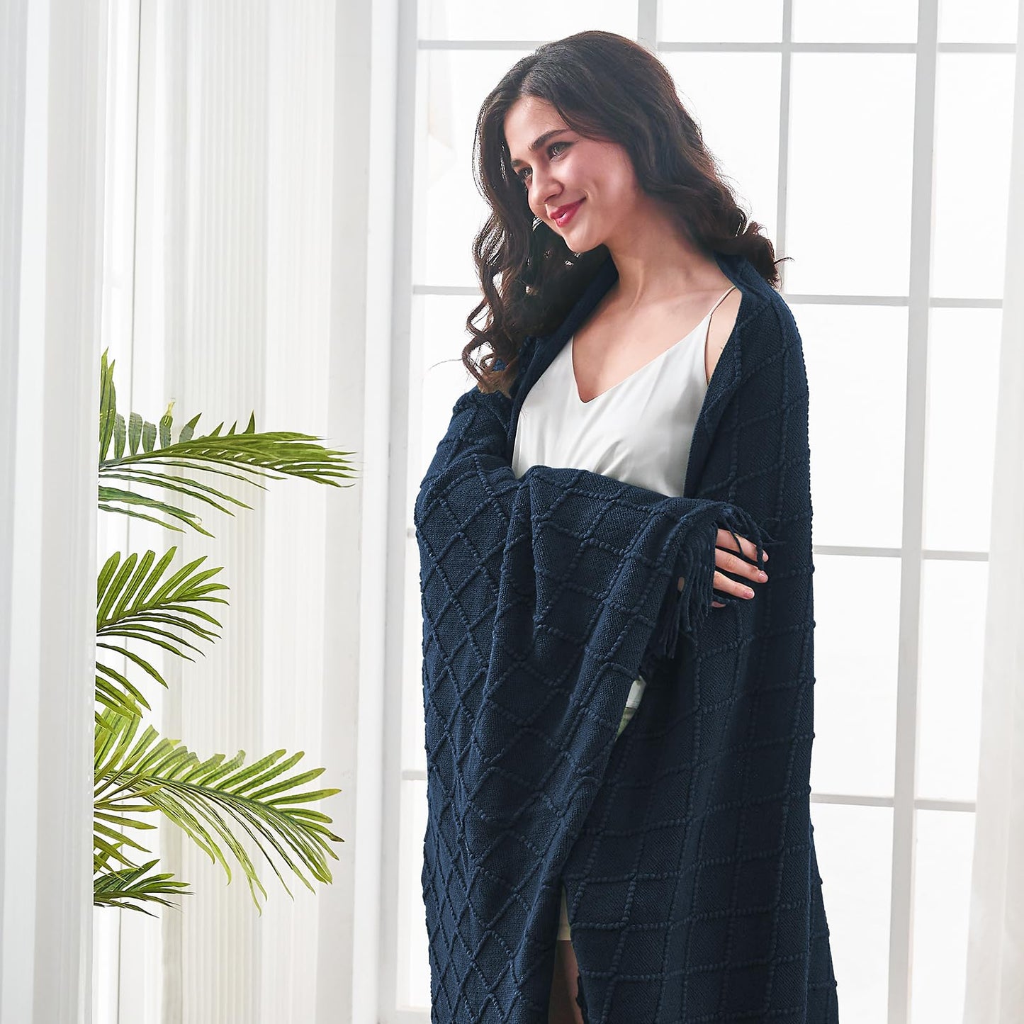 inhand Knit Klein Blue Throw Blanket for Couch, Soft Living Room Home Decor Knitted Blanket with Tassel, Outdoor Lightweight Breathable Summer Blanket, Farmhouse Warm Woven Decorative, 50"x60"