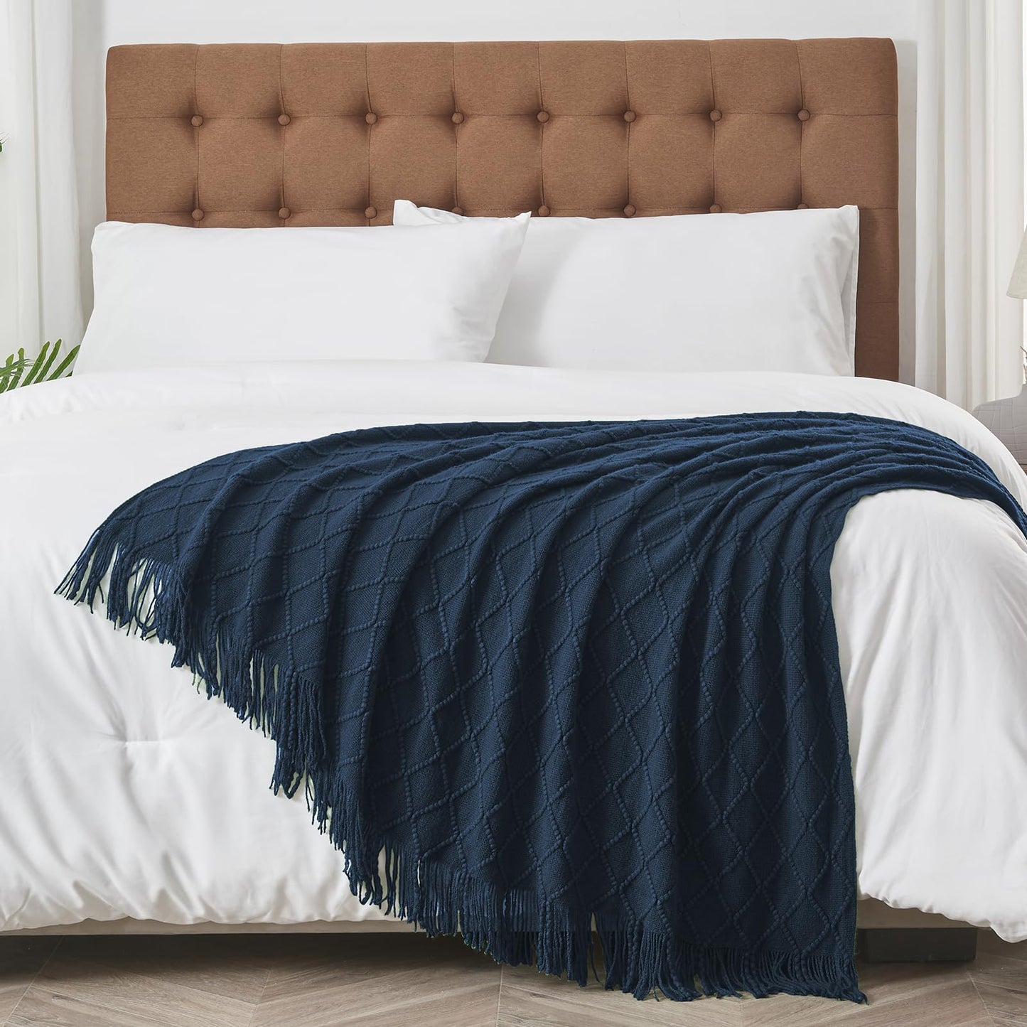 inhand Knit Klein Blue Throw Blanket for Couch, Soft Living Room Home Decor Knitted Blanket with Tassel, Outdoor Lightweight Breathable Summer Blanket, Farmhouse Warm Woven Decorative, 50"x60"