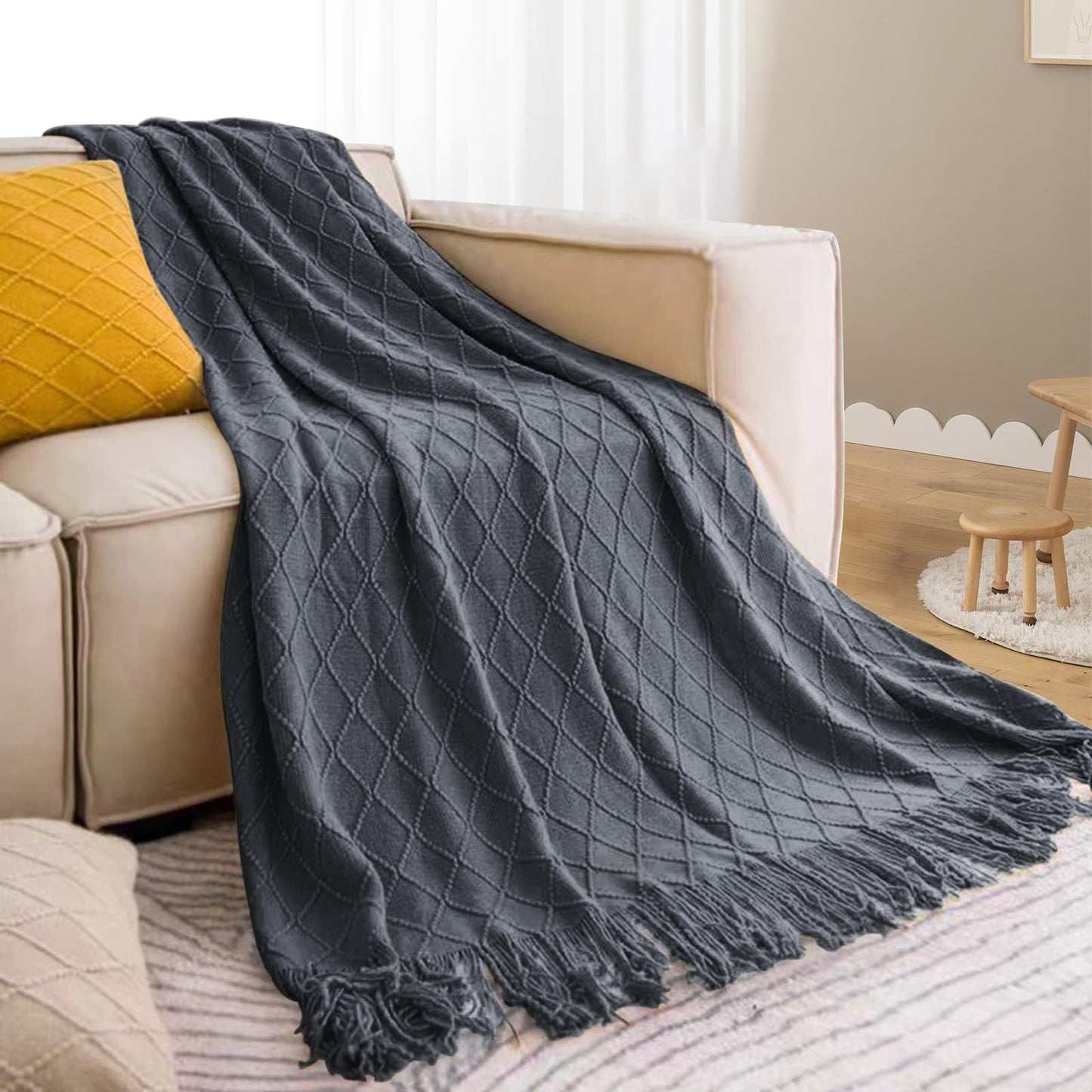 inhand Knit Klein Blue Throw Blanket for Couch, Soft Living Room Home Decor Knitted Blanket with Tassel, Outdoor Lightweight Breathable Summer Blanket, Farmhouse Warm Woven Decorative, 50"x60"