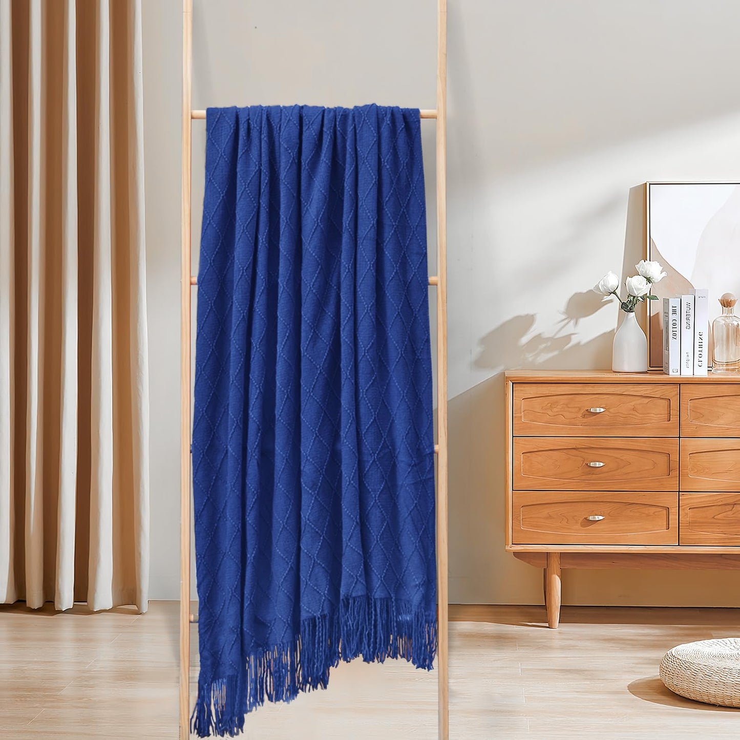 inhand Knit Klein Blue Throw Blanket for Couch, Soft Living Room Home Decor Knitted Blanket with Tassel, Outdoor Lightweight Breathable Summer Blanket, Farmhouse Warm Woven Decorative, 50"x60"