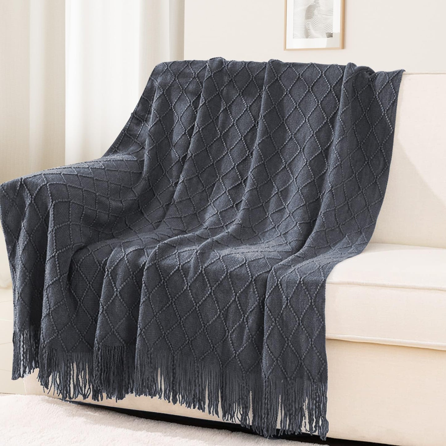 inhand Knit Klein Blue Throw Blanket for Couch, Soft Living Room Home Decor Knitted Blanket with Tassel, Outdoor Lightweight Breathable Summer Blanket, Farmhouse Warm Woven Decorative, 50"x60"