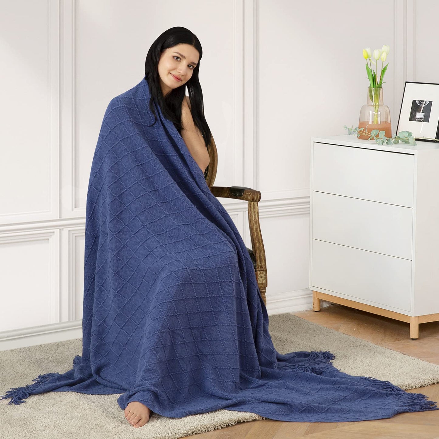 inhand Knit Klein Blue Throw Blanket for Couch, Soft Living Room Home Decor Knitted Blanket with Tassel, Outdoor Lightweight Breathable Summer Blanket, Farmhouse Warm Woven Decorative, 50"x60"
