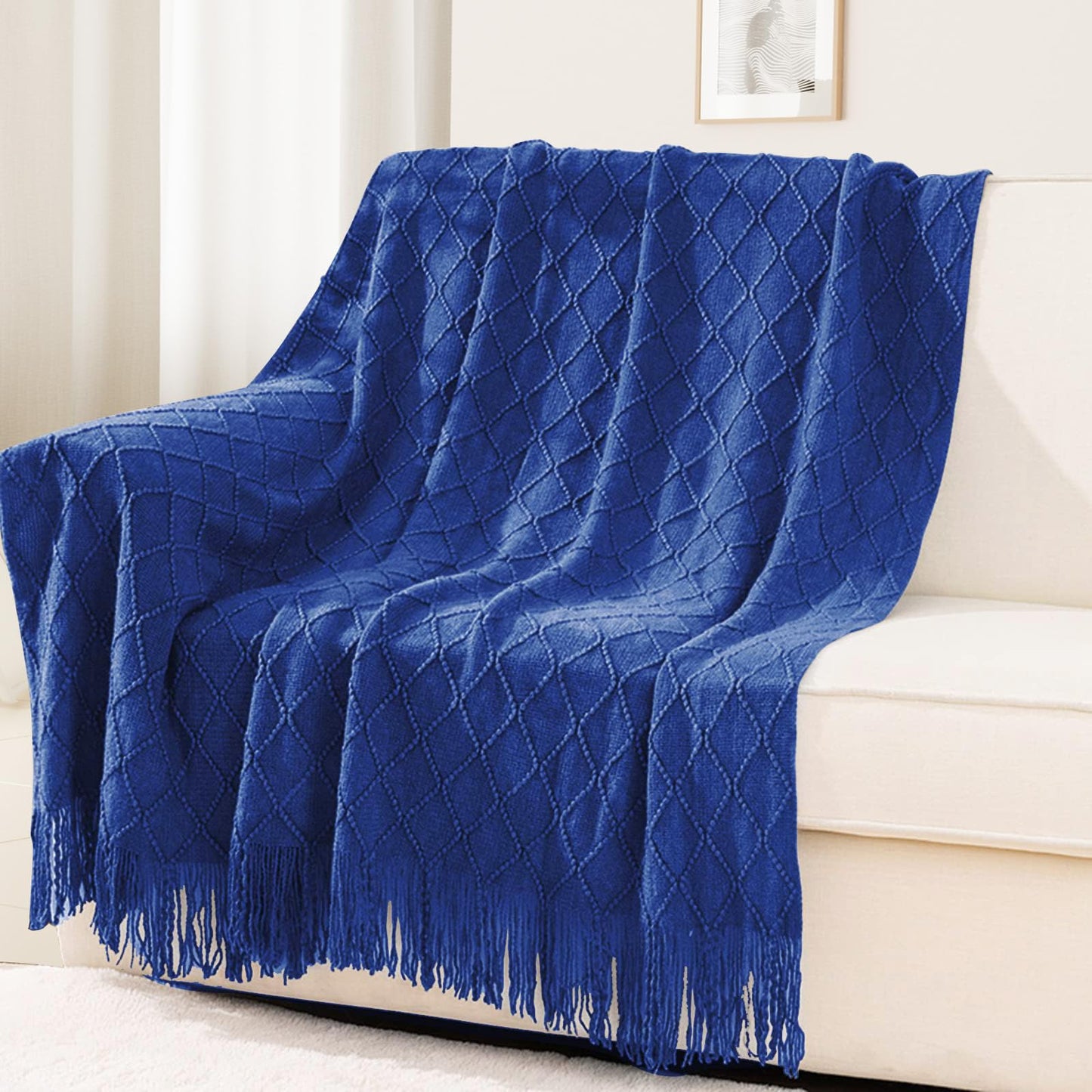 inhand Knit Klein Blue Throw Blanket for Couch, Soft Living Room Home Decor Knitted Blanket with Tassel, Outdoor Lightweight Breathable Summer Blanket, Farmhouse Warm Woven Decorative, 50"x60"