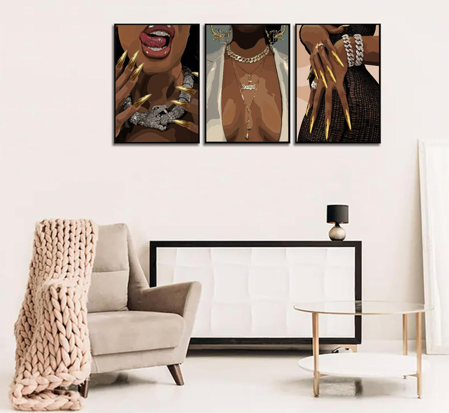 3 Pcs Black Woman Poster Wall Art African American Black Female Pictures Wall Decor Black Canvas Print African American Decor Artwork for Bedroom Living Room Bathroom Office Home Decoration