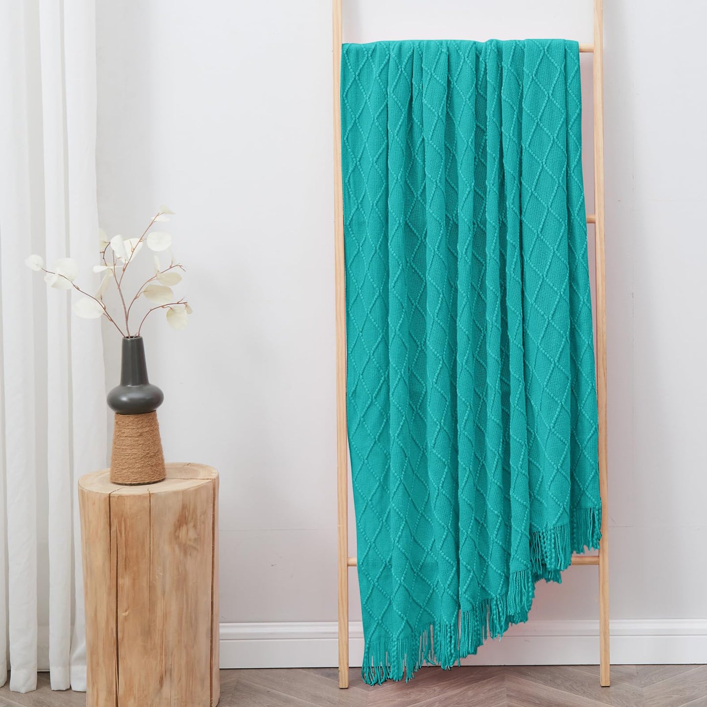 inhand Knit Klein Blue Throw Blanket for Couch, Soft Living Room Home Decor Knitted Blanket with Tassel, Outdoor Lightweight Breathable Summer Blanket, Farmhouse Warm Woven Decorative, 50"x60"