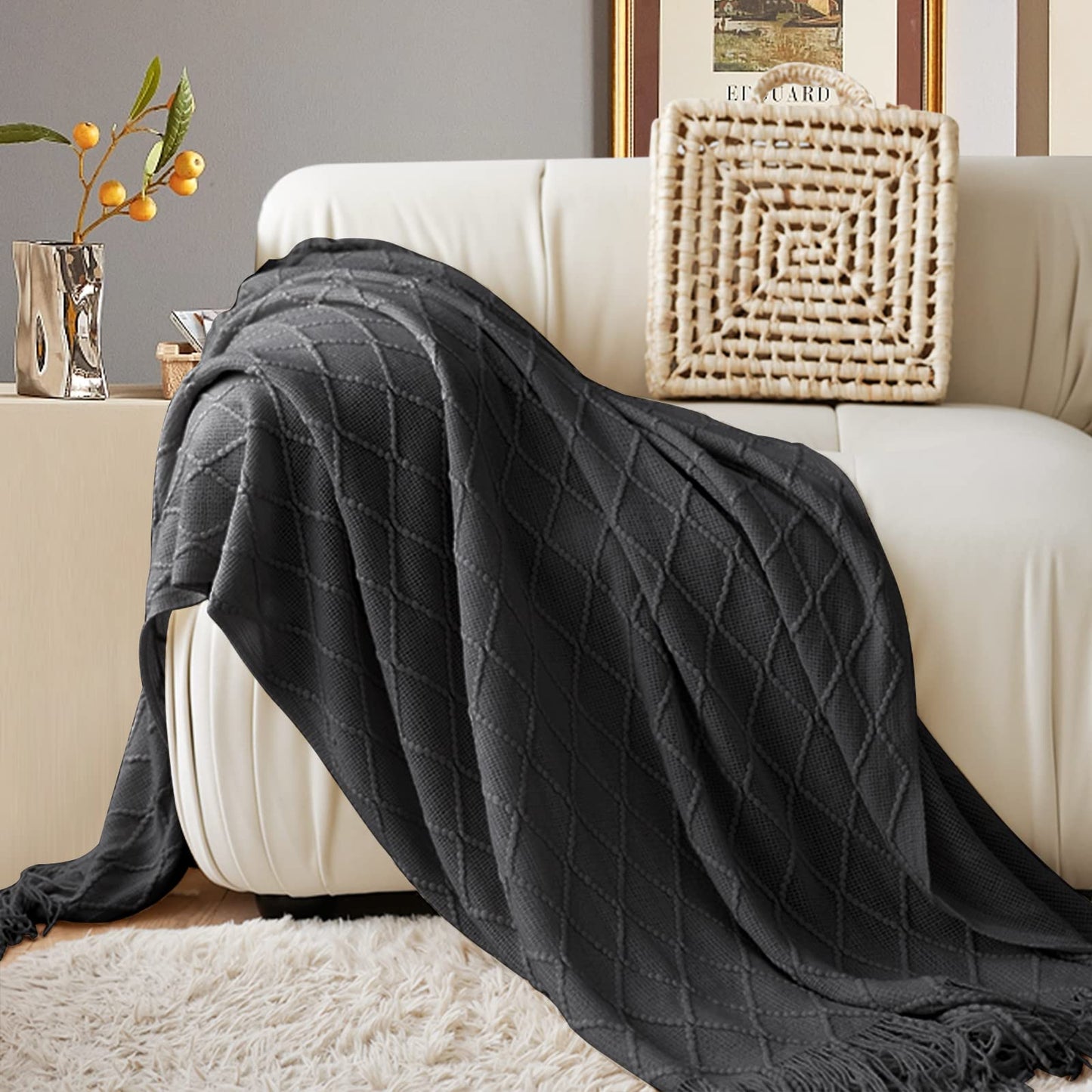 inhand Knit Klein Blue Throw Blanket for Couch, Soft Living Room Home Decor Knitted Blanket with Tassel, Outdoor Lightweight Breathable Summer Blanket, Farmhouse Warm Woven Decorative, 50"x60"