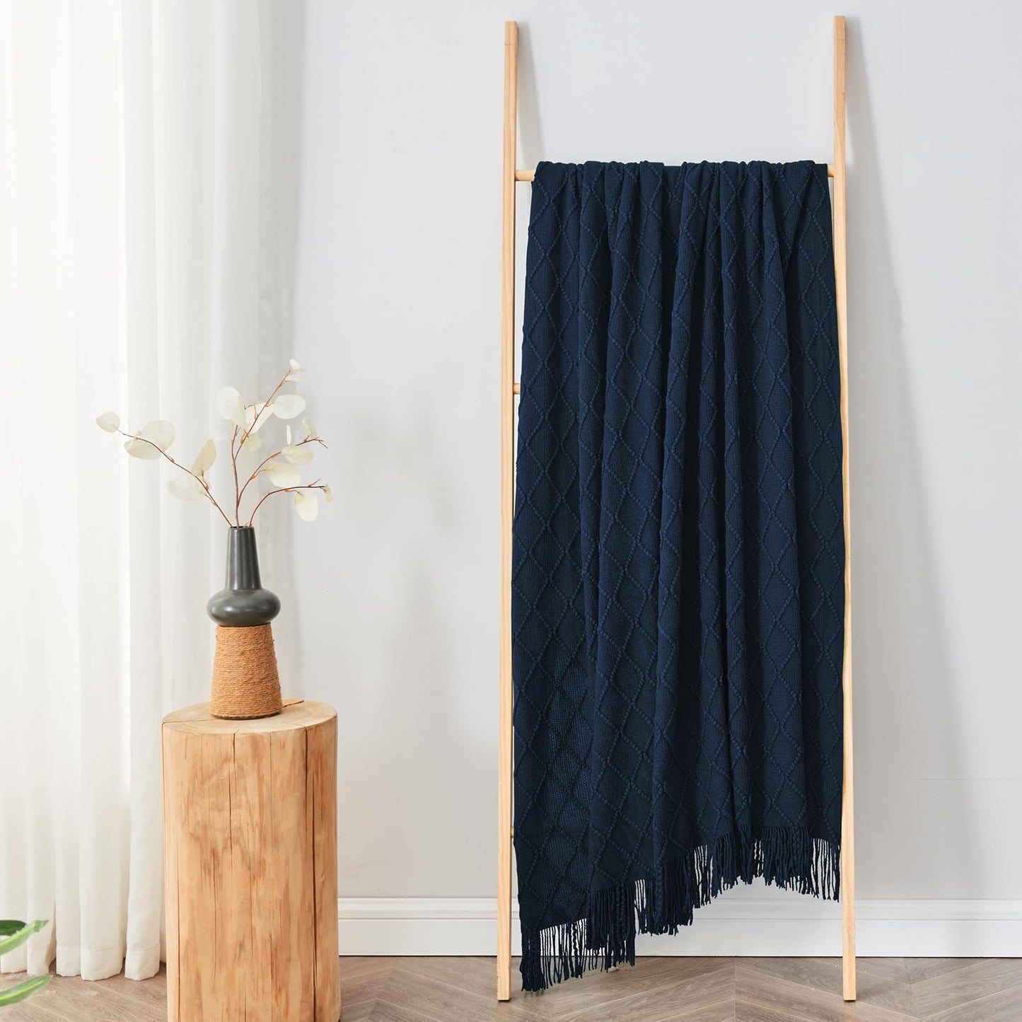inhand Knit Klein Blue Throw Blanket for Couch, Soft Living Room Home Decor Knitted Blanket with Tassel, Outdoor Lightweight Breathable Summer Blanket, Farmhouse Warm Woven Decorative, 50"x60"