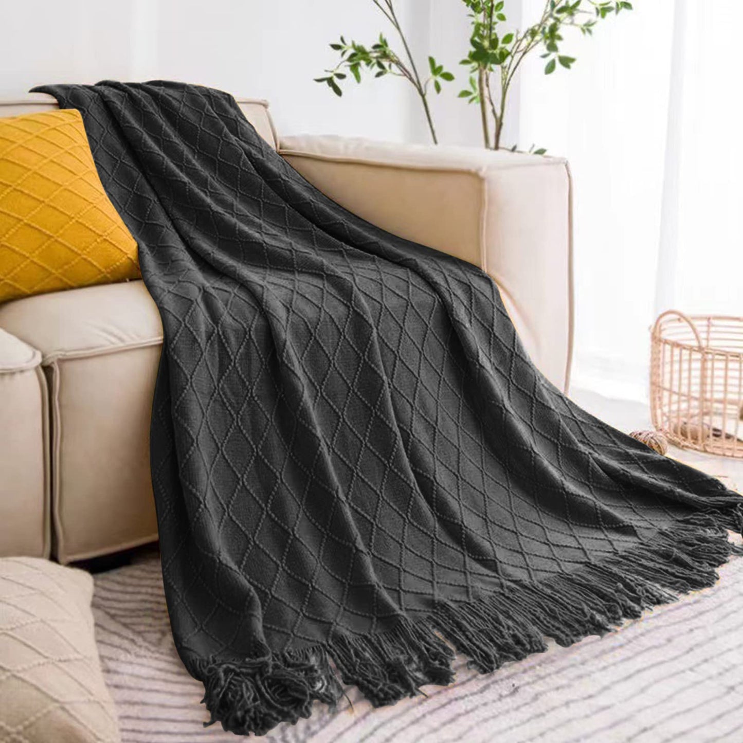 inhand Knit Klein Blue Throw Blanket for Couch, Soft Living Room Home Decor Knitted Blanket with Tassel, Outdoor Lightweight Breathable Summer Blanket, Farmhouse Warm Woven Decorative, 50"x60"