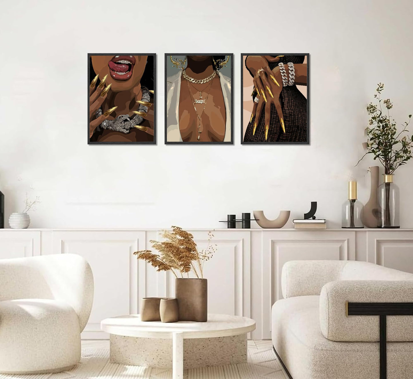 3 Pcs Black Woman Poster Wall Art African American Black Female Pictures Wall Decor Black Canvas Print African American Decor Artwork for Bedroom Living Room Bathroom Office Home Decoration