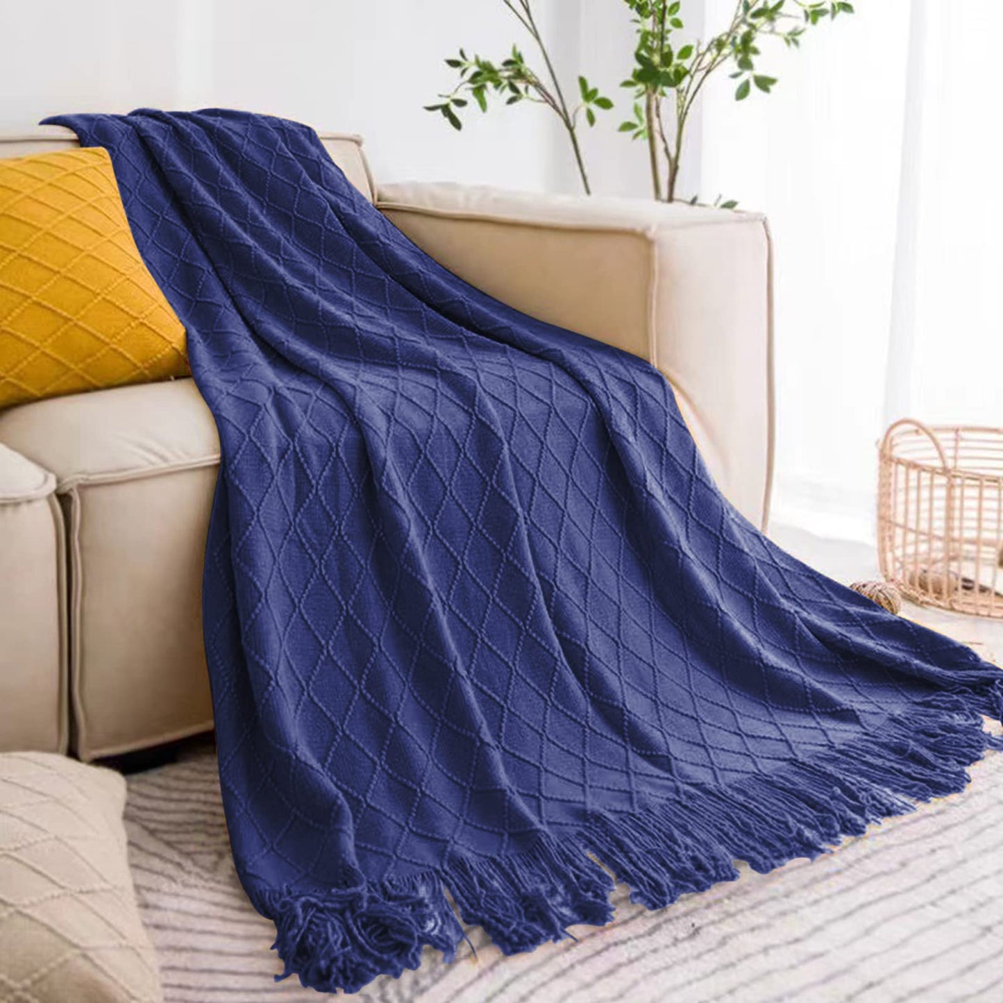 inhand Knit Klein Blue Throw Blanket for Couch, Soft Living Room Home Decor Knitted Blanket with Tassel, Outdoor Lightweight Breathable Summer Blanket, Farmhouse Warm Woven Decorative, 50"x60"