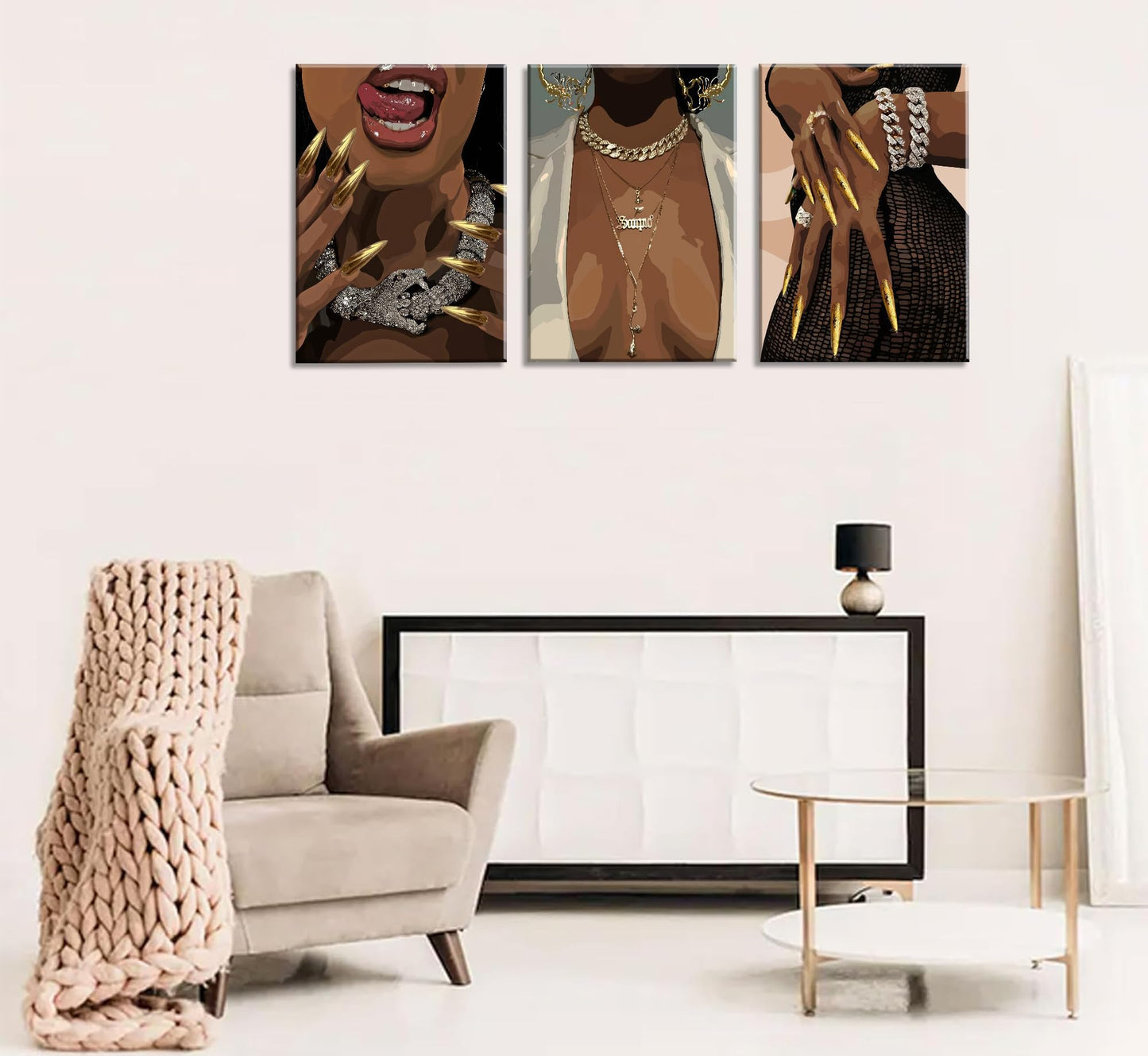 3 Pcs Black Woman Poster Wall Art African American Black Female Pictures Wall Decor Black Canvas Print African American Decor Artwork for Bedroom Living Room Bathroom Office Home Decoration
