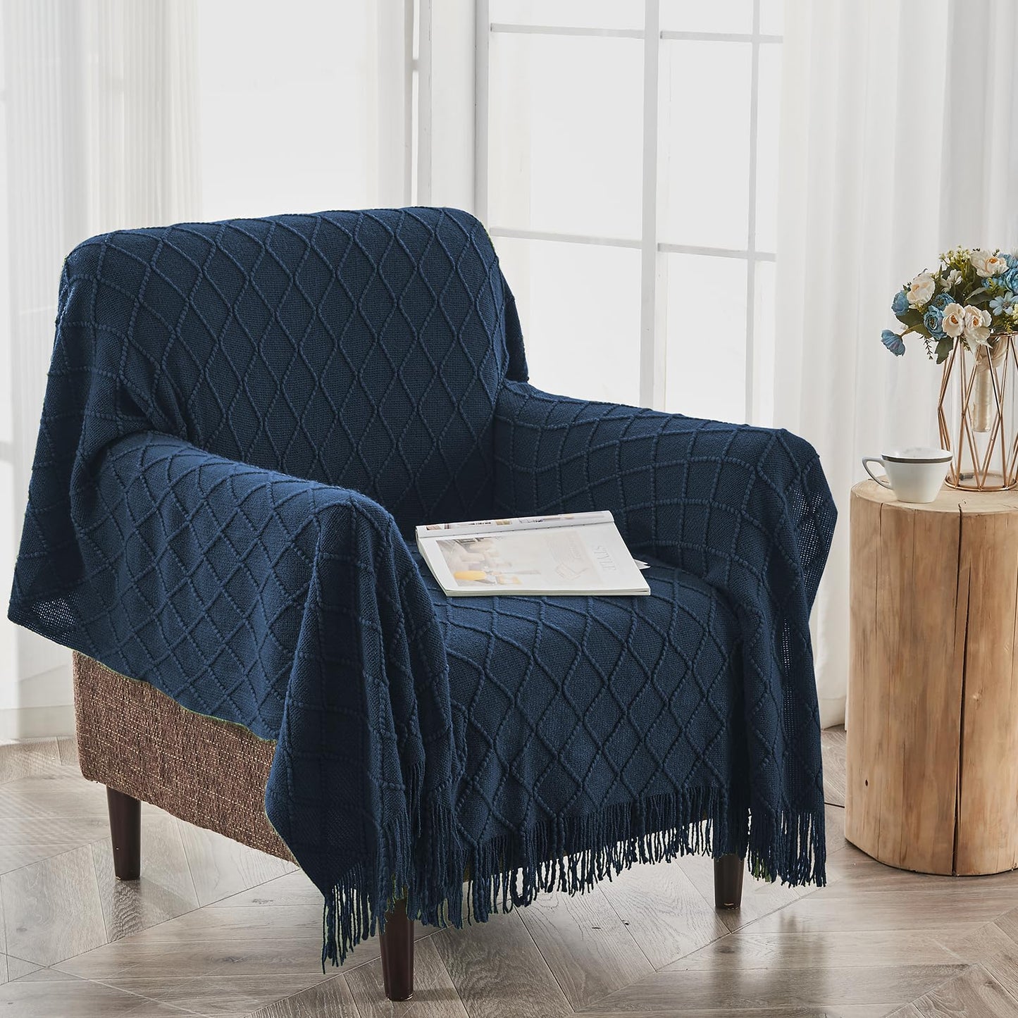 inhand Knit Klein Blue Throw Blanket for Couch, Soft Living Room Home Decor Knitted Blanket with Tassel, Outdoor Lightweight Breathable Summer Blanket, Farmhouse Warm Woven Decorative, 50"x60"