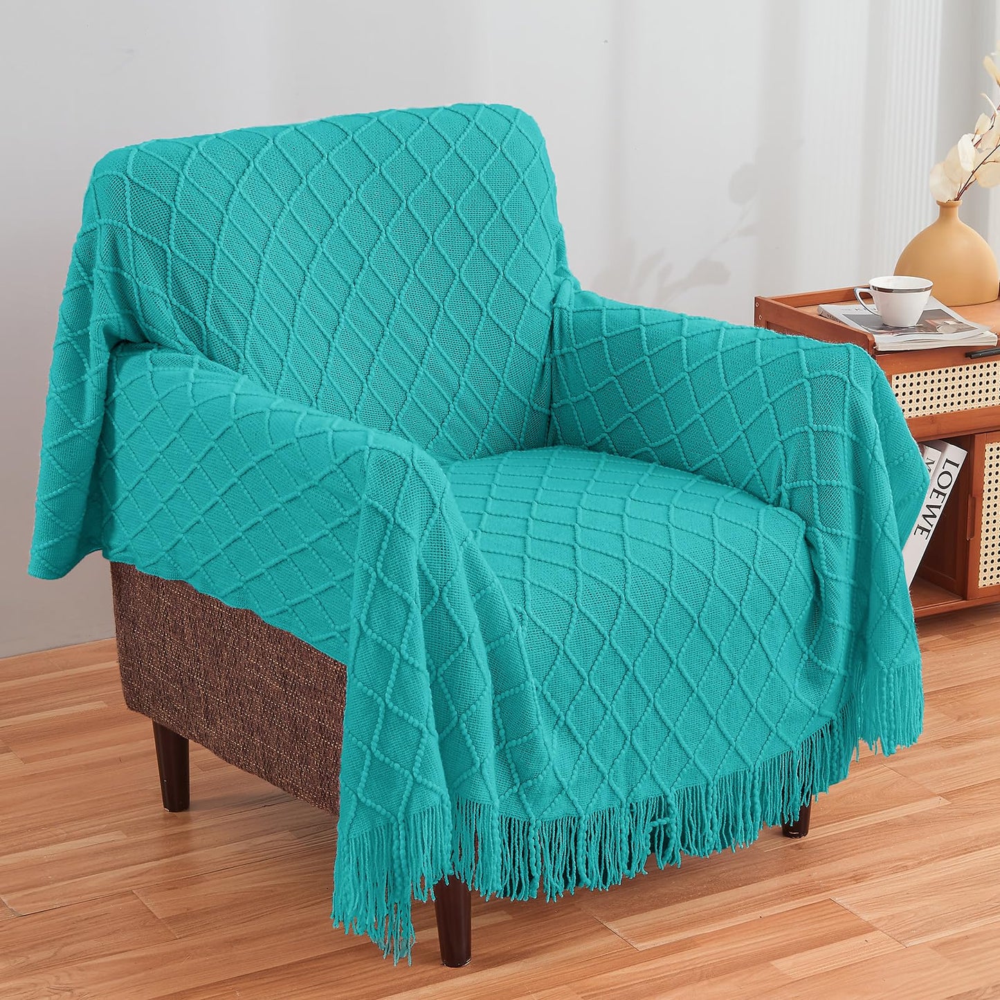 inhand Knit Klein Blue Throw Blanket for Couch, Soft Living Room Home Decor Knitted Blanket with Tassel, Outdoor Lightweight Breathable Summer Blanket, Farmhouse Warm Woven Decorative, 50"x60"