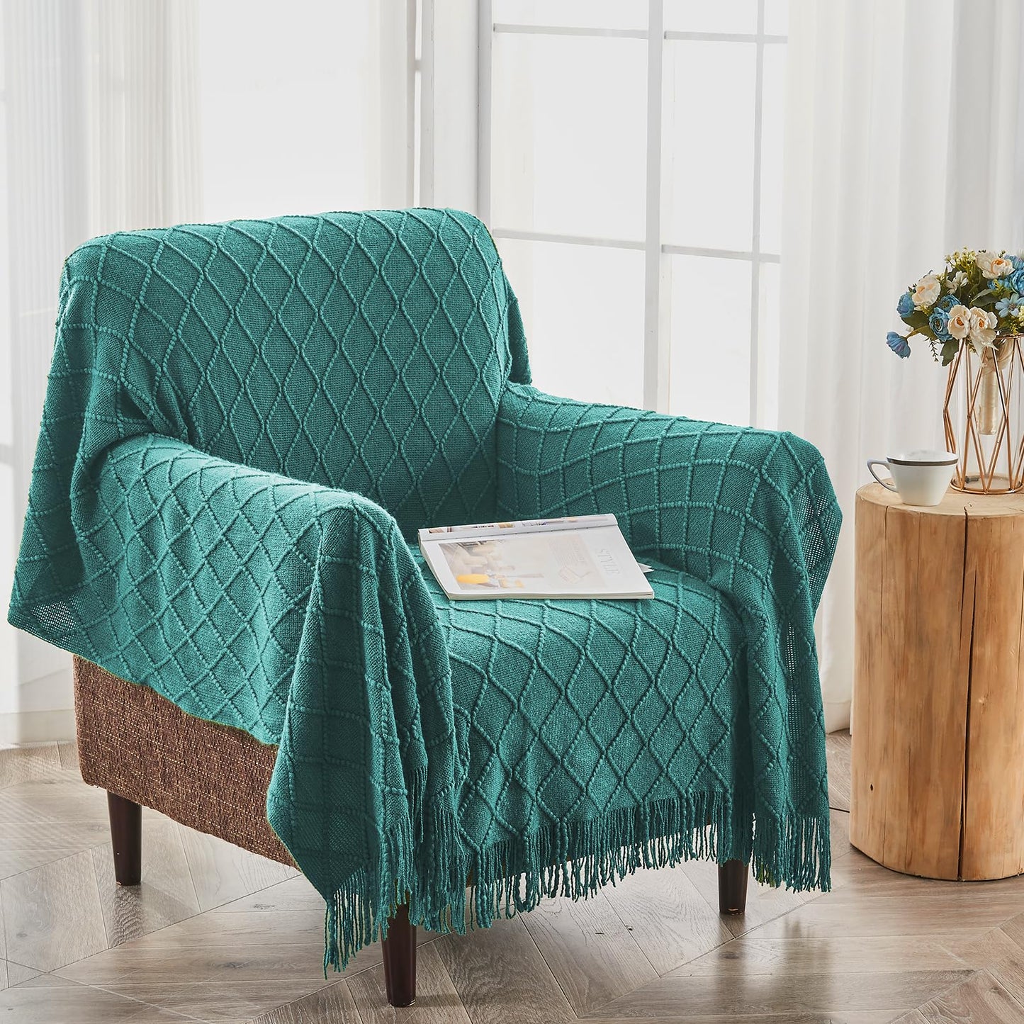 inhand Knit Klein Blue Throw Blanket for Couch, Soft Living Room Home Decor Knitted Blanket with Tassel, Outdoor Lightweight Breathable Summer Blanket, Farmhouse Warm Woven Decorative, 50"x60"