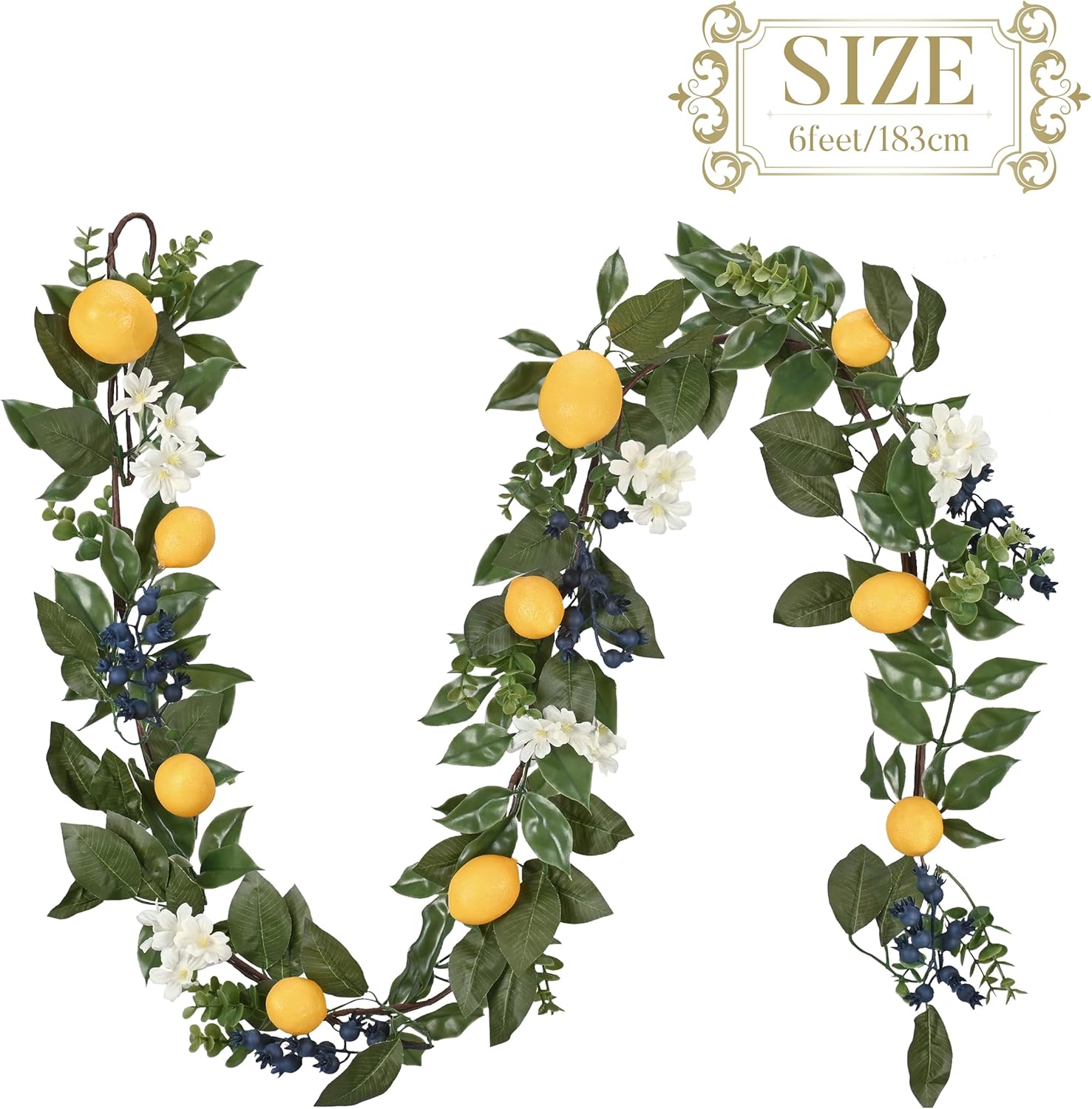 Valery Madelyn Summer Lemon Garland for Mantle with Lights, 6FT Spring Fake Fruit Eucalyptus Garland for Stairs, Artificial Thick Faux Greenery Vine for Farmhouse Home Kitchen Table Centerpiece