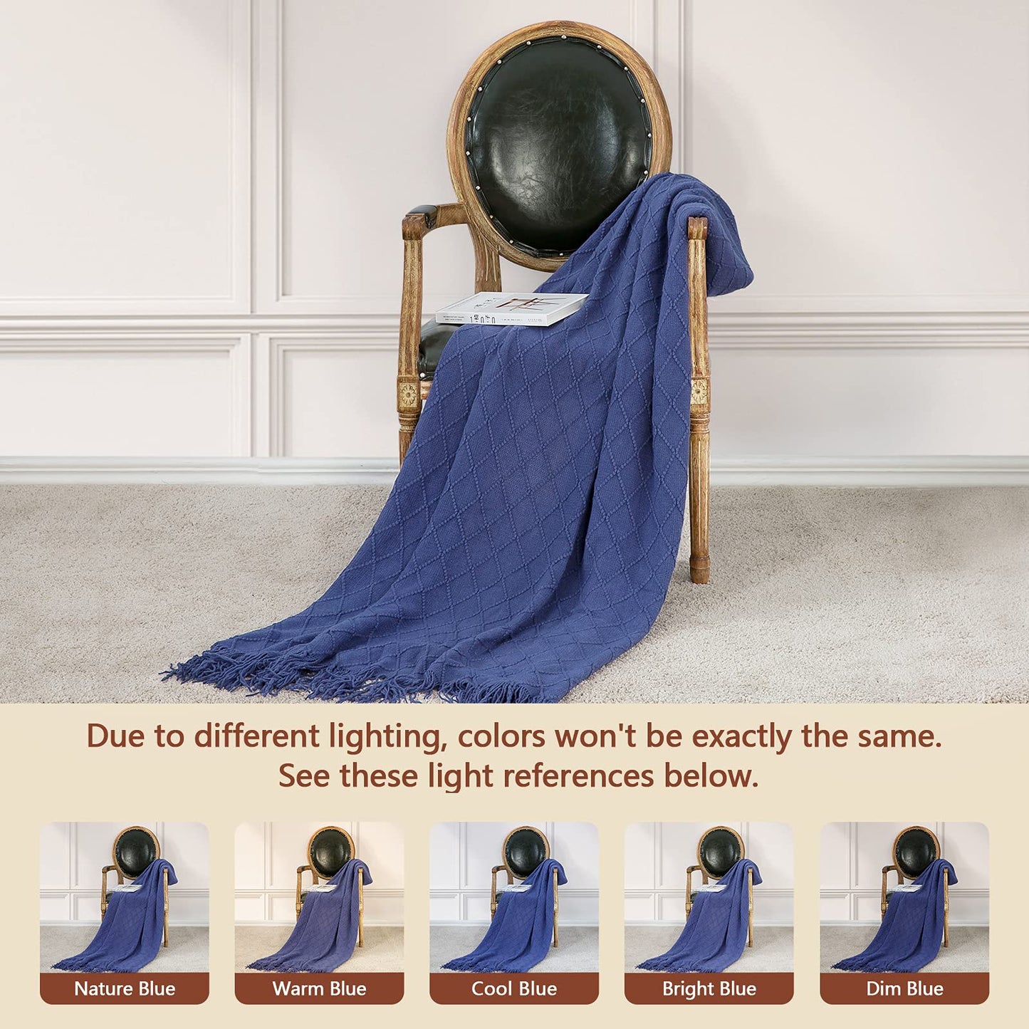 inhand Knit Klein Blue Throw Blanket for Couch, Soft Living Room Home Decor Knitted Blanket with Tassel, Outdoor Lightweight Breathable Summer Blanket, Farmhouse Warm Woven Decorative, 50"x60"