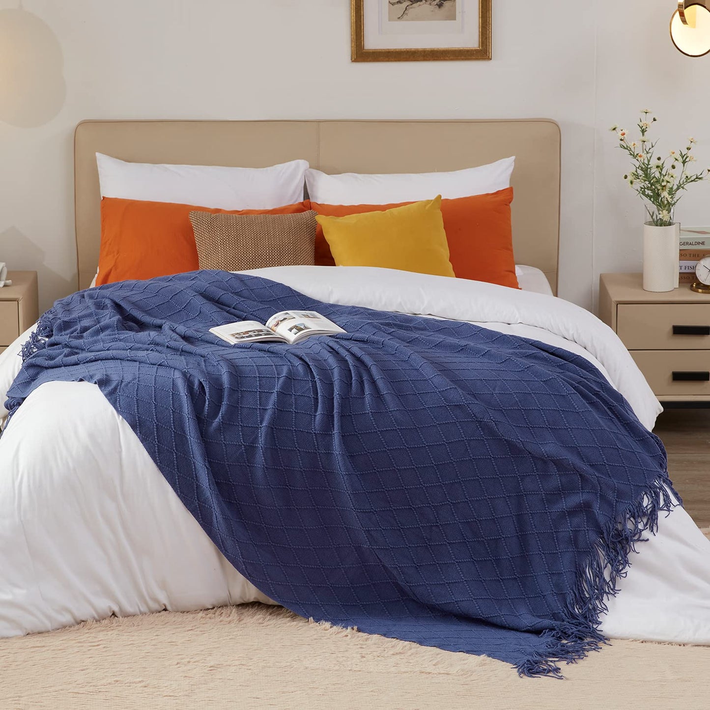 inhand Knit Klein Blue Throw Blanket for Couch, Soft Living Room Home Decor Knitted Blanket with Tassel, Outdoor Lightweight Breathable Summer Blanket, Farmhouse Warm Woven Decorative, 50"x60"