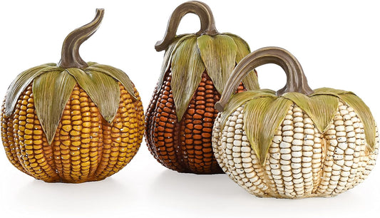 Valery Madelyn Fall Decorations for Home Pumpkins Decor, Set of 3 Resin Artificial Corn Decorative Pumpkins Figurines for Indoor Table Centerpieces Autumn Thanksgiving Halloween Decoration 6.3 Inch