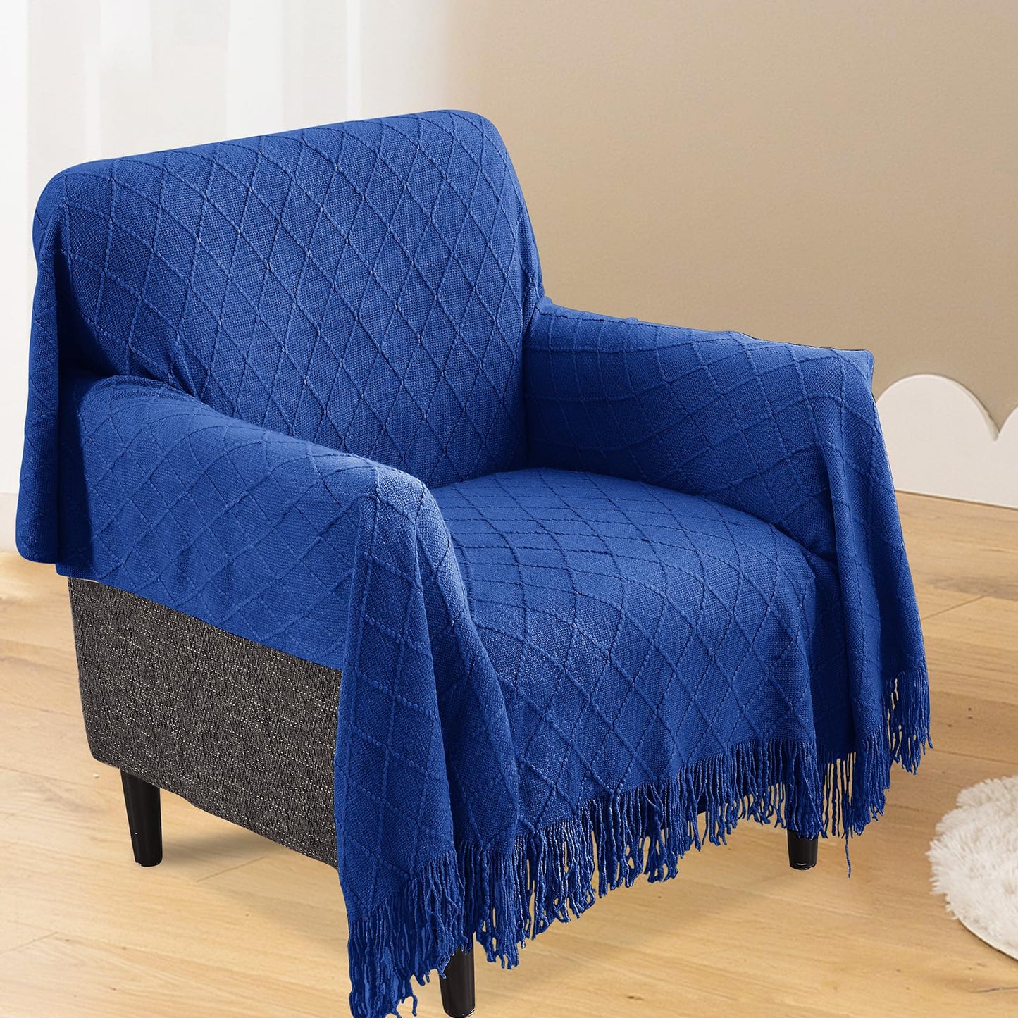 inhand Knit Klein Blue Throw Blanket for Couch, Soft Living Room Home Decor Knitted Blanket with Tassel, Outdoor Lightweight Breathable Summer Blanket, Farmhouse Warm Woven Decorative, 50"x60"