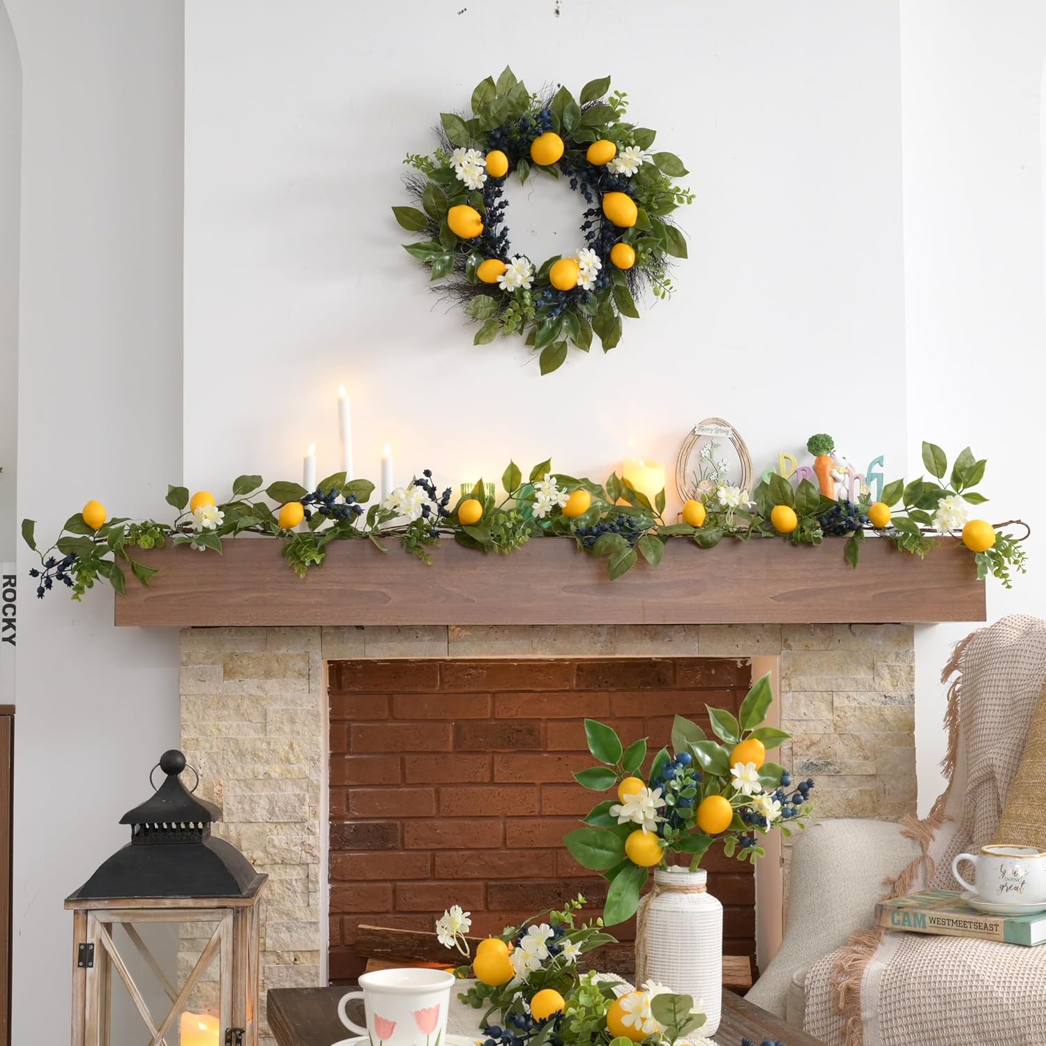 Valery Madelyn Summer Lemon Garland for Mantle with Lights, 6FT Spring Fake Fruit Eucalyptus Garland for Stairs, Artificial Thick Faux Greenery Vine for Farmhouse Home Kitchen Table Centerpiece