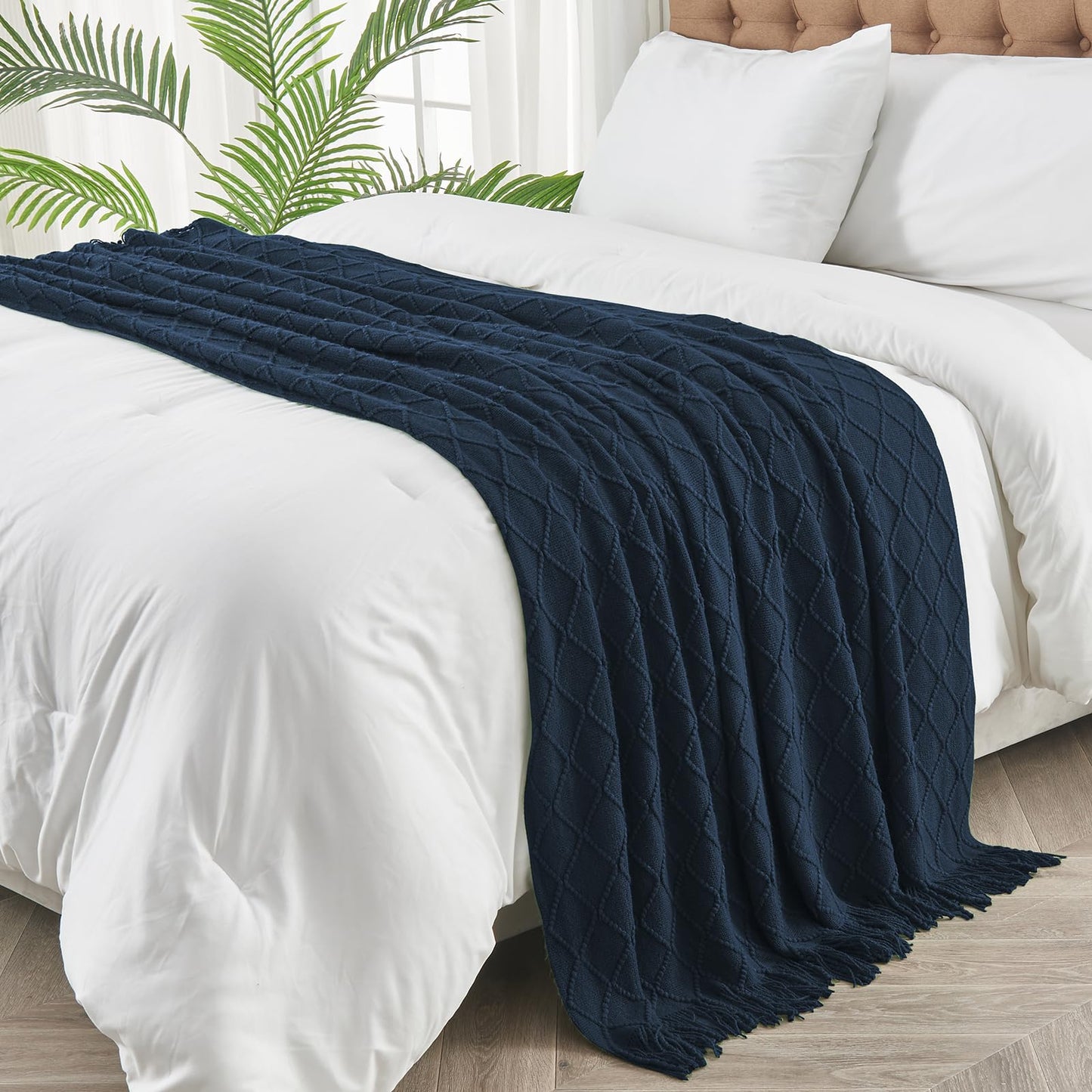 inhand Knit Klein Blue Throw Blanket for Couch, Soft Living Room Home Decor Knitted Blanket with Tassel, Outdoor Lightweight Breathable Summer Blanket, Farmhouse Warm Woven Decorative, 50"x60"