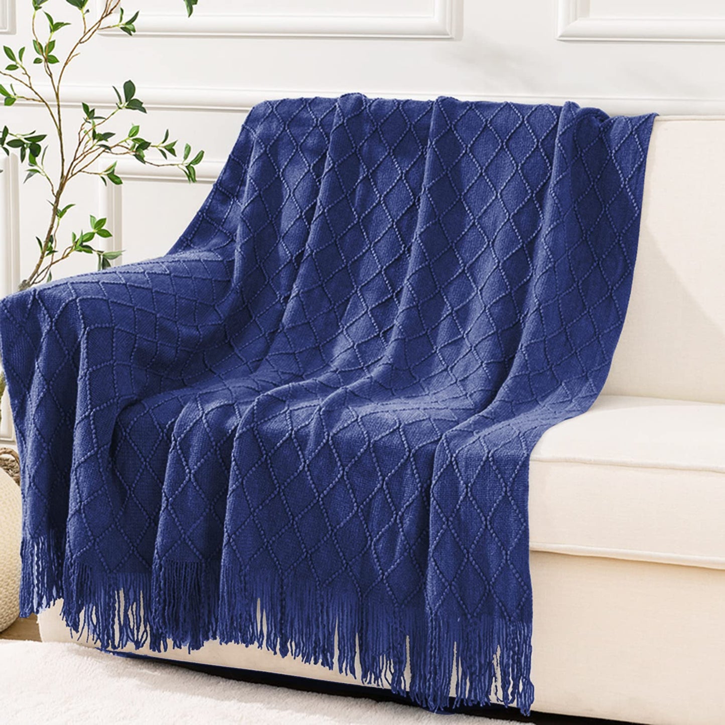 inhand Knit Klein Blue Throw Blanket for Couch, Soft Living Room Home Decor Knitted Blanket with Tassel, Outdoor Lightweight Breathable Summer Blanket, Farmhouse Warm Woven Decorative, 50"x60"