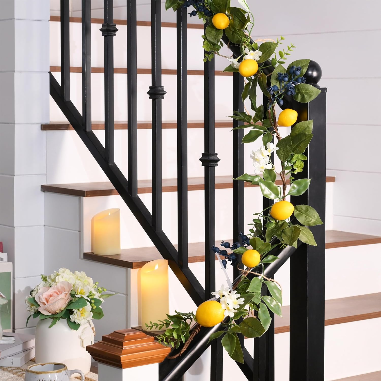 Valery Madelyn Summer Lemon Garland for Mantle with Lights, 6FT Spring Fake Fruit Eucalyptus Garland for Stairs, Artificial Thick Faux Greenery Vine for Farmhouse Home Kitchen Table Centerpiece