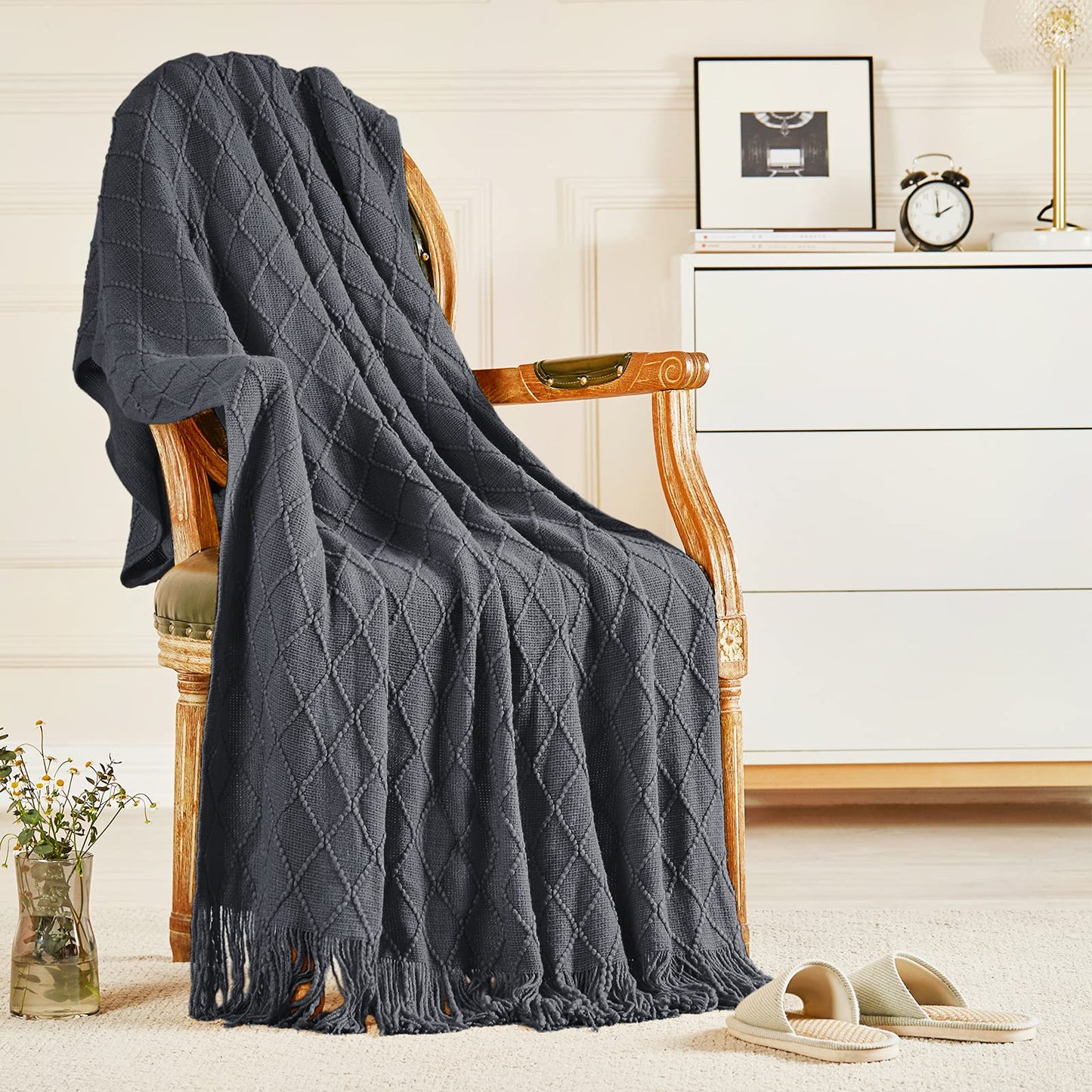 inhand Knit Klein Blue Throw Blanket for Couch, Soft Living Room Home Decor Knitted Blanket with Tassel, Outdoor Lightweight Breathable Summer Blanket, Farmhouse Warm Woven Decorative, 50"x60"