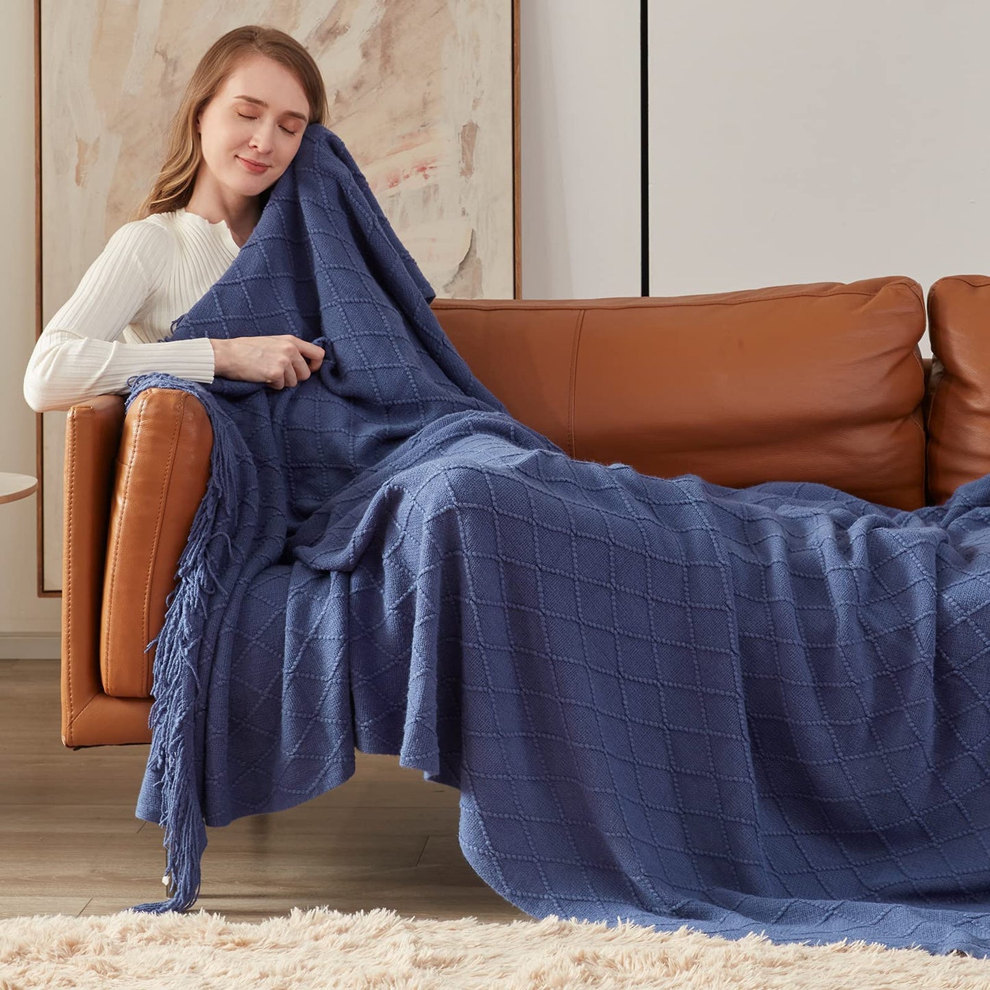 inhand Knit Klein Blue Throw Blanket for Couch, Soft Living Room Home Decor Knitted Blanket with Tassel, Outdoor Lightweight Breathable Summer Blanket, Farmhouse Warm Woven Decorative, 50"x60"