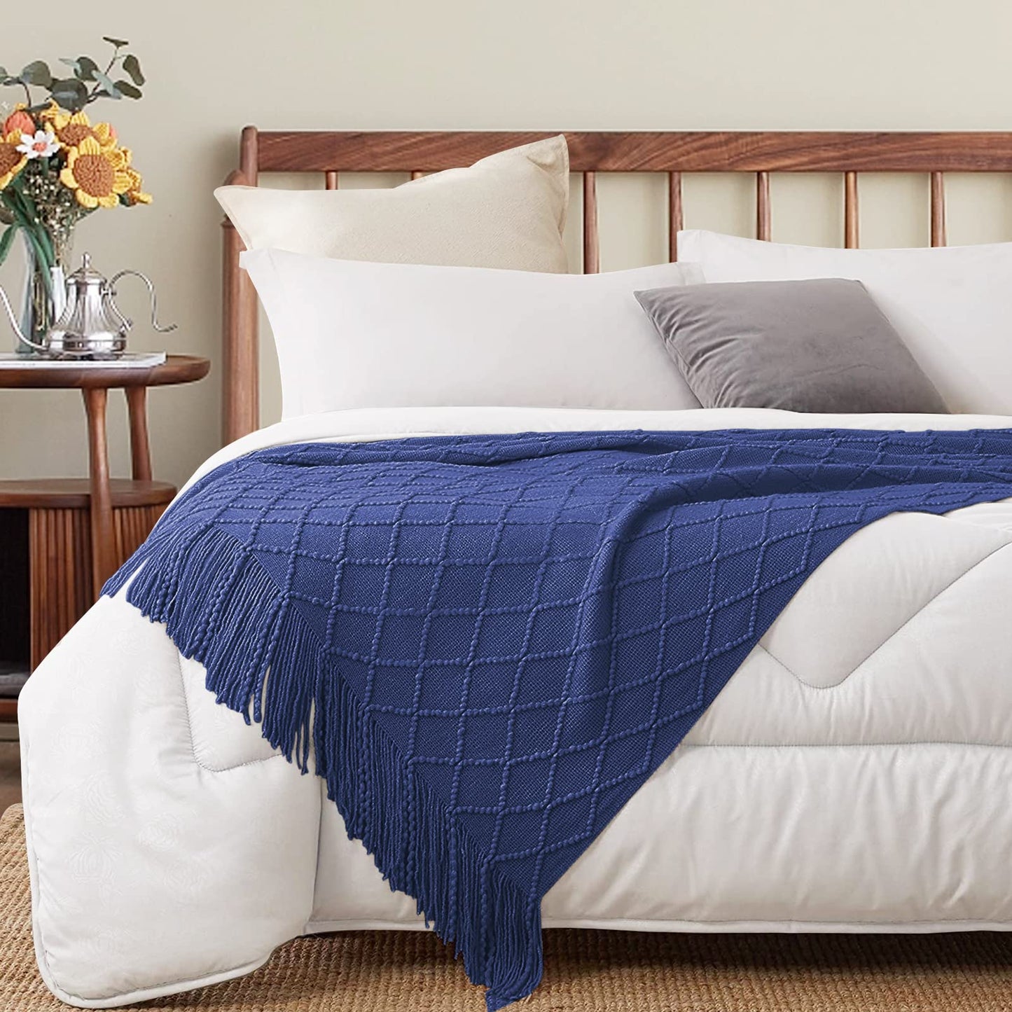 inhand Knit Klein Blue Throw Blanket for Couch, Soft Living Room Home Decor Knitted Blanket with Tassel, Outdoor Lightweight Breathable Summer Blanket, Farmhouse Warm Woven Decorative, 50"x60"