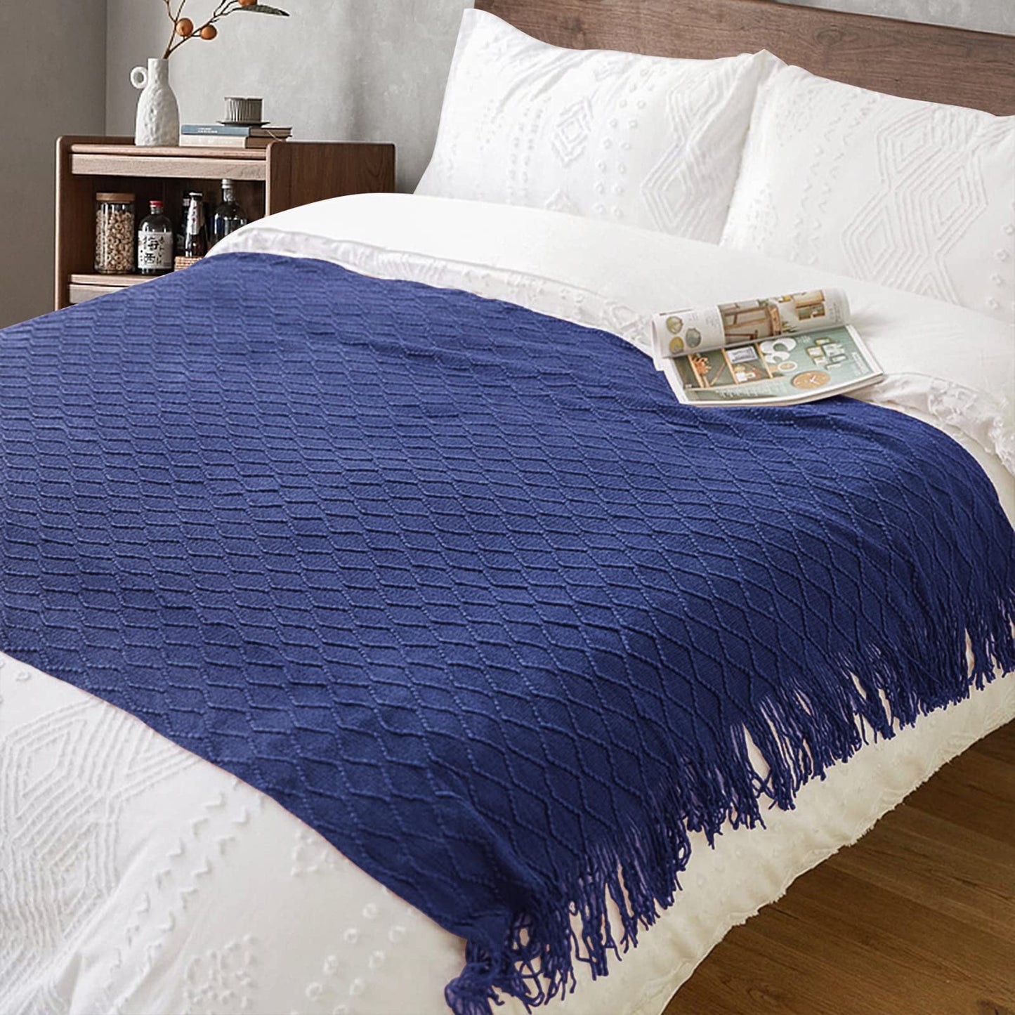 inhand Knit Klein Blue Throw Blanket for Couch, Soft Living Room Home Decor Knitted Blanket with Tassel, Outdoor Lightweight Breathable Summer Blanket, Farmhouse Warm Woven Decorative, 50"x60"