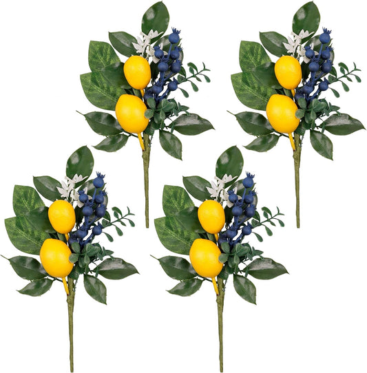 Valery Madelyn 4 Packs Spring Summer Picks with Lemons Blueberry Eucalyptus Leaves, Artificial Fruit Lemon Picks with Greenry, Summer Lemon Branches Decorations for Home Vase Kitchen Table Decor-12''