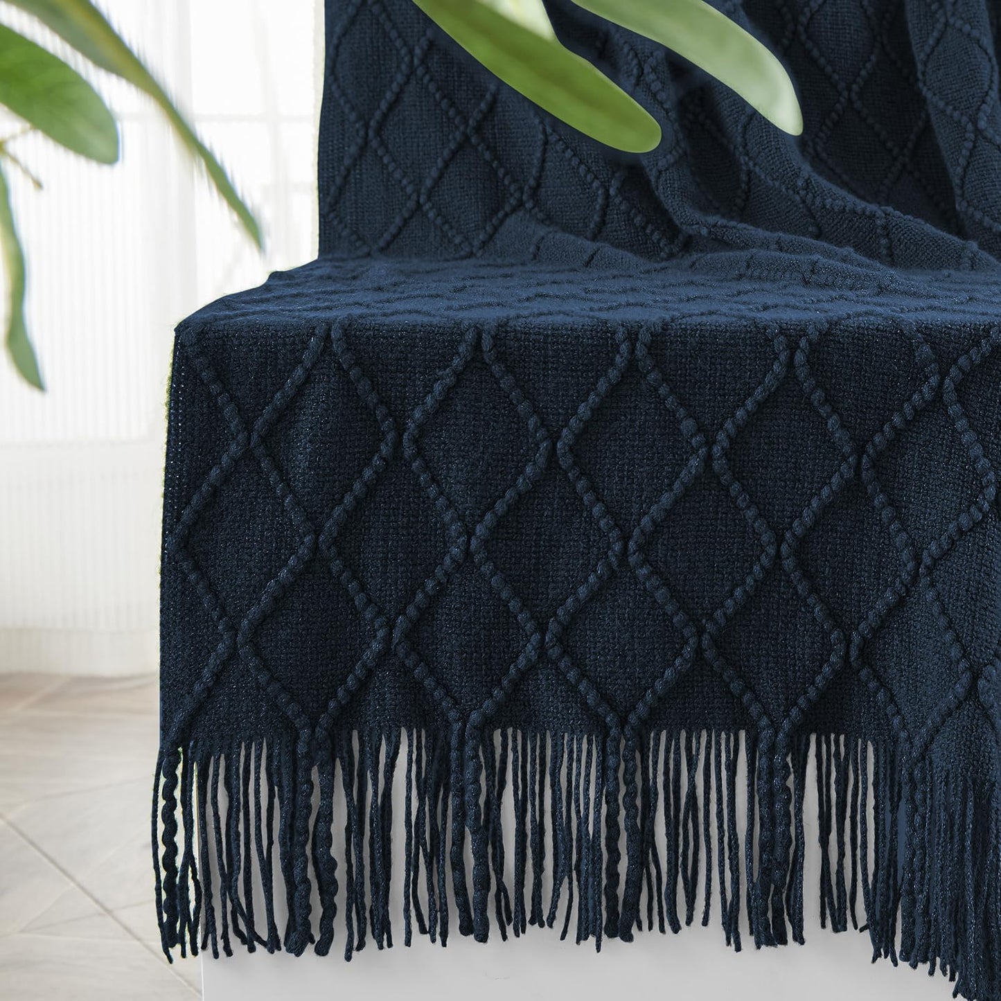 inhand Knit Klein Blue Throw Blanket for Couch, Soft Living Room Home Decor Knitted Blanket with Tassel, Outdoor Lightweight Breathable Summer Blanket, Farmhouse Warm Woven Decorative, 50"x60"