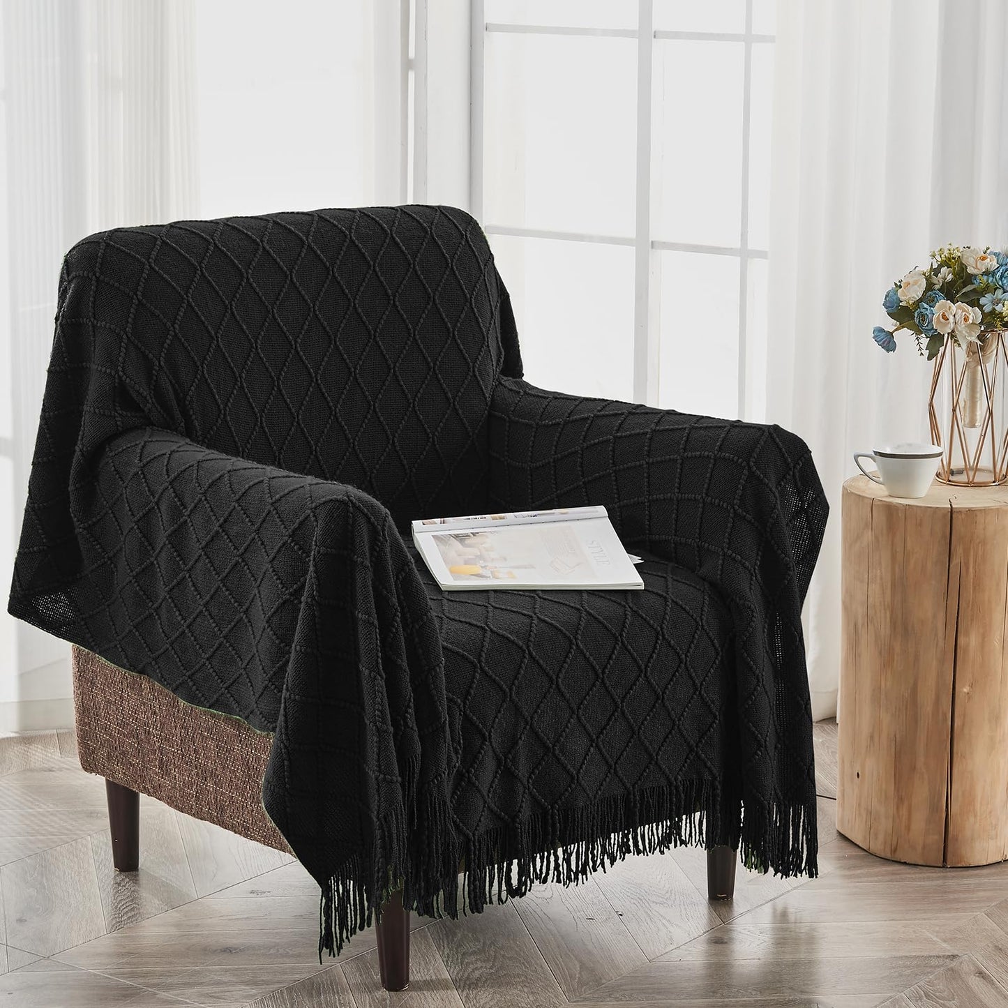 inhand Knit Klein Blue Throw Blanket for Couch, Soft Living Room Home Decor Knitted Blanket with Tassel, Outdoor Lightweight Breathable Summer Blanket, Farmhouse Warm Woven Decorative, 50"x60"