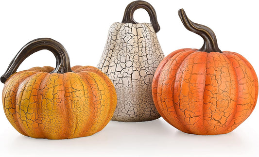 Valery Madelyn Fall Pumpkin Table Decor Cracked Pumpkin Figurine Fall Decoration for Home, 2pcs Resin Autumn Harvest Thanksgiving Halloween Party Tabletop Centerpieces, 6.7 inch