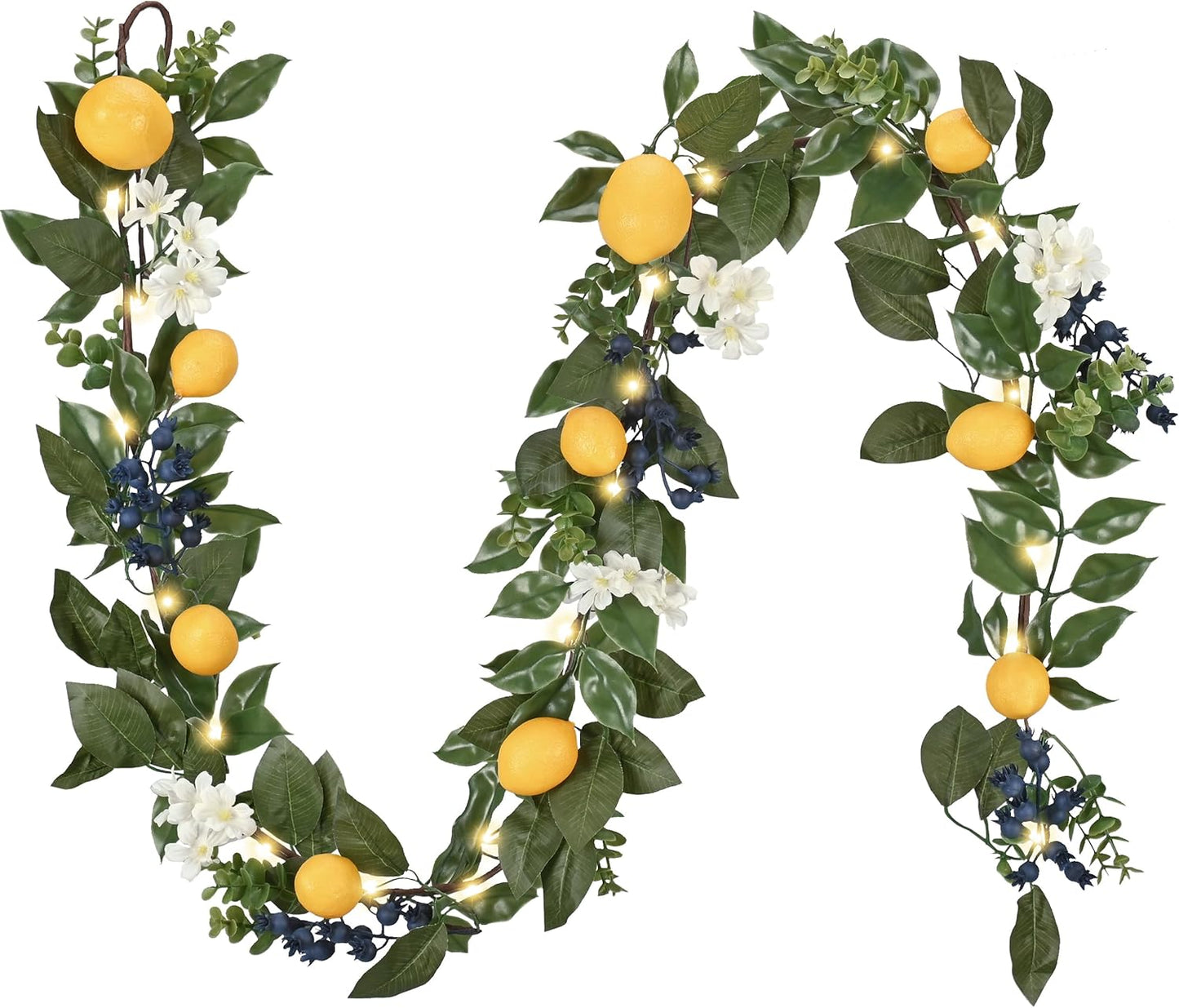 Valery Madelyn Summer Lemon Garland for Mantle with Lights, 6FT Spring Fake Fruit Eucalyptus Garland for Stairs, Artificial Thick Faux Greenery Vine for Farmhouse Home Kitchen Table Centerpiece