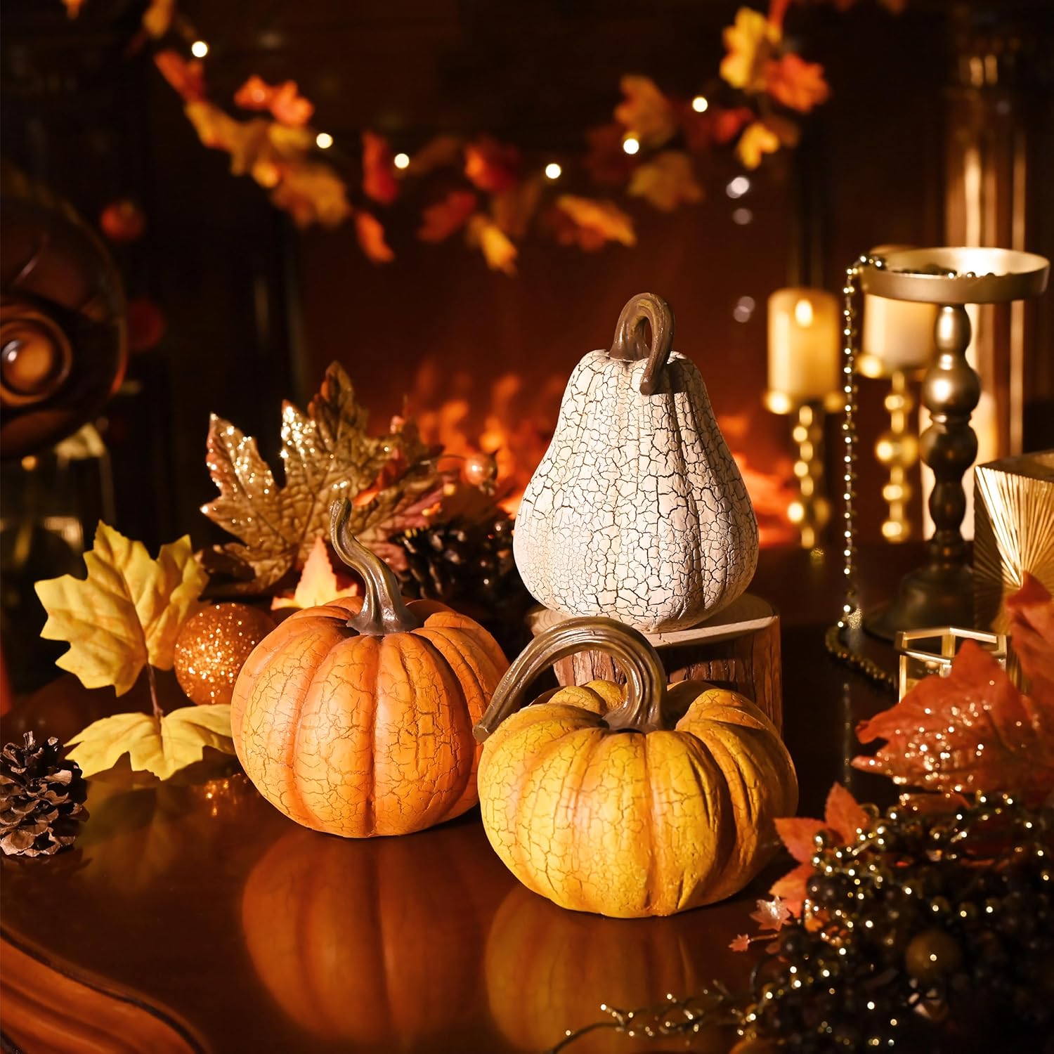 Valery Madelyn Fall Pumpkin Table Decor Cracked Pumpkin Figurine Fall Decoration for Home, 2pcs Resin Autumn Harvest Thanksgiving Halloween Party Tabletop Centerpieces, 6.7 inch