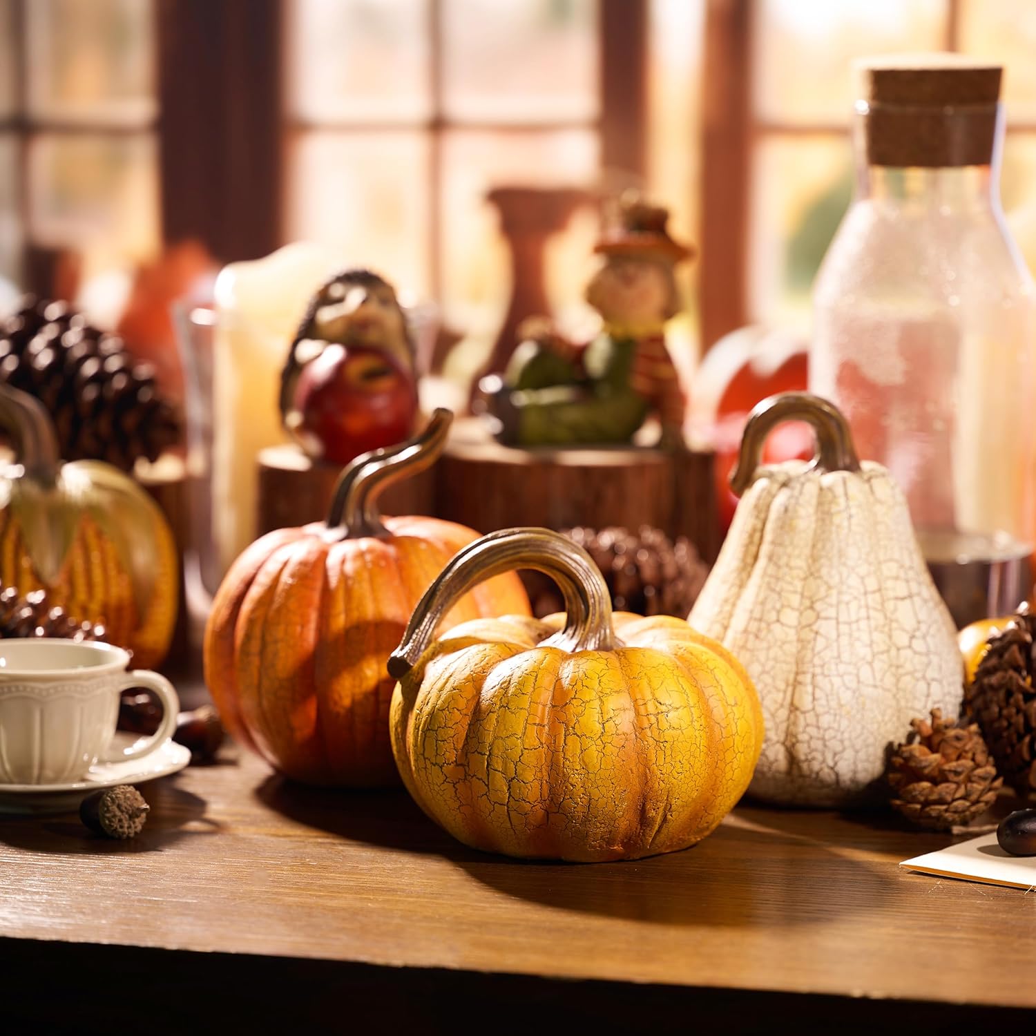 Valery Madelyn Fall Pumpkin Table Decor Cracked Pumpkin Figurine Fall Decoration for Home, 2pcs Resin Autumn Harvest Thanksgiving Halloween Party Tabletop Centerpieces, 6.7 inch