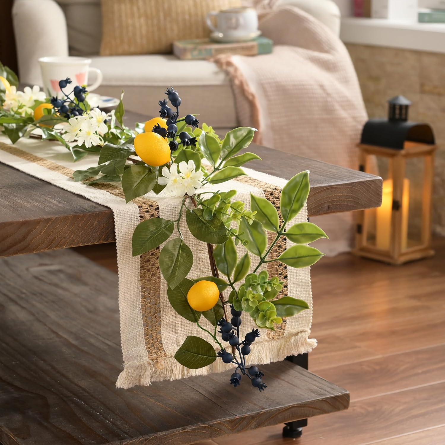 Valery Madelyn Summer Lemon Garland for Mantle with Lights, 6FT Spring Fake Fruit Eucalyptus Garland for Stairs, Artificial Thick Faux Greenery Vine for Farmhouse Home Kitchen Table Centerpiece
