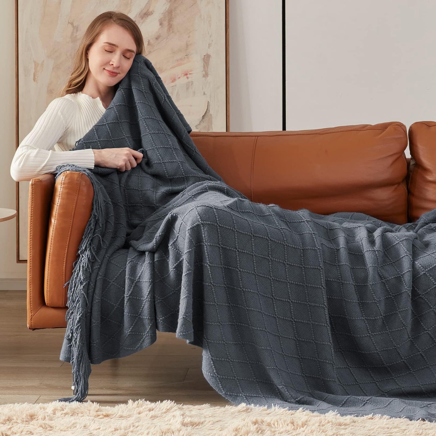 inhand Knit Klein Blue Throw Blanket for Couch, Soft Living Room Home Decor Knitted Blanket with Tassel, Outdoor Lightweight Breathable Summer Blanket, Farmhouse Warm Woven Decorative, 50"x60"