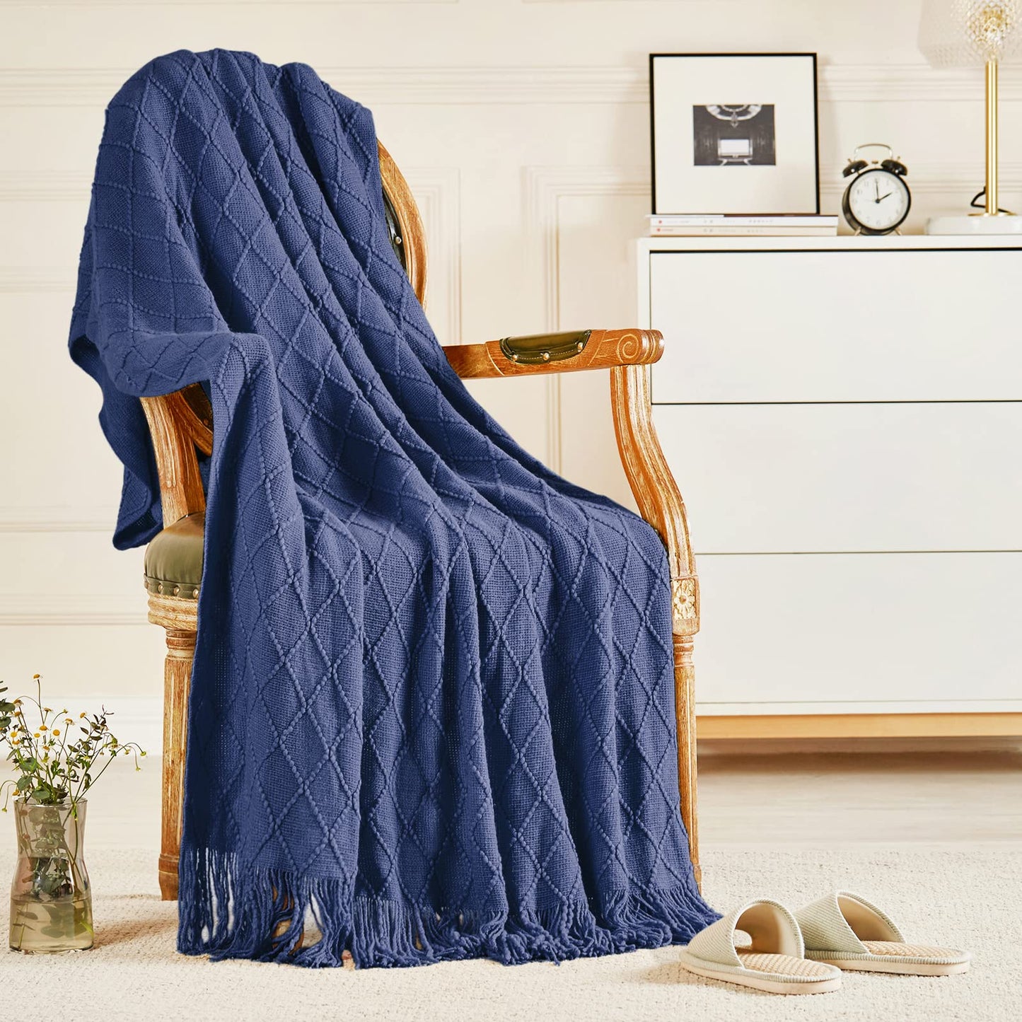 inhand Knit Klein Blue Throw Blanket for Couch, Soft Living Room Home Decor Knitted Blanket with Tassel, Outdoor Lightweight Breathable Summer Blanket, Farmhouse Warm Woven Decorative, 50"x60"