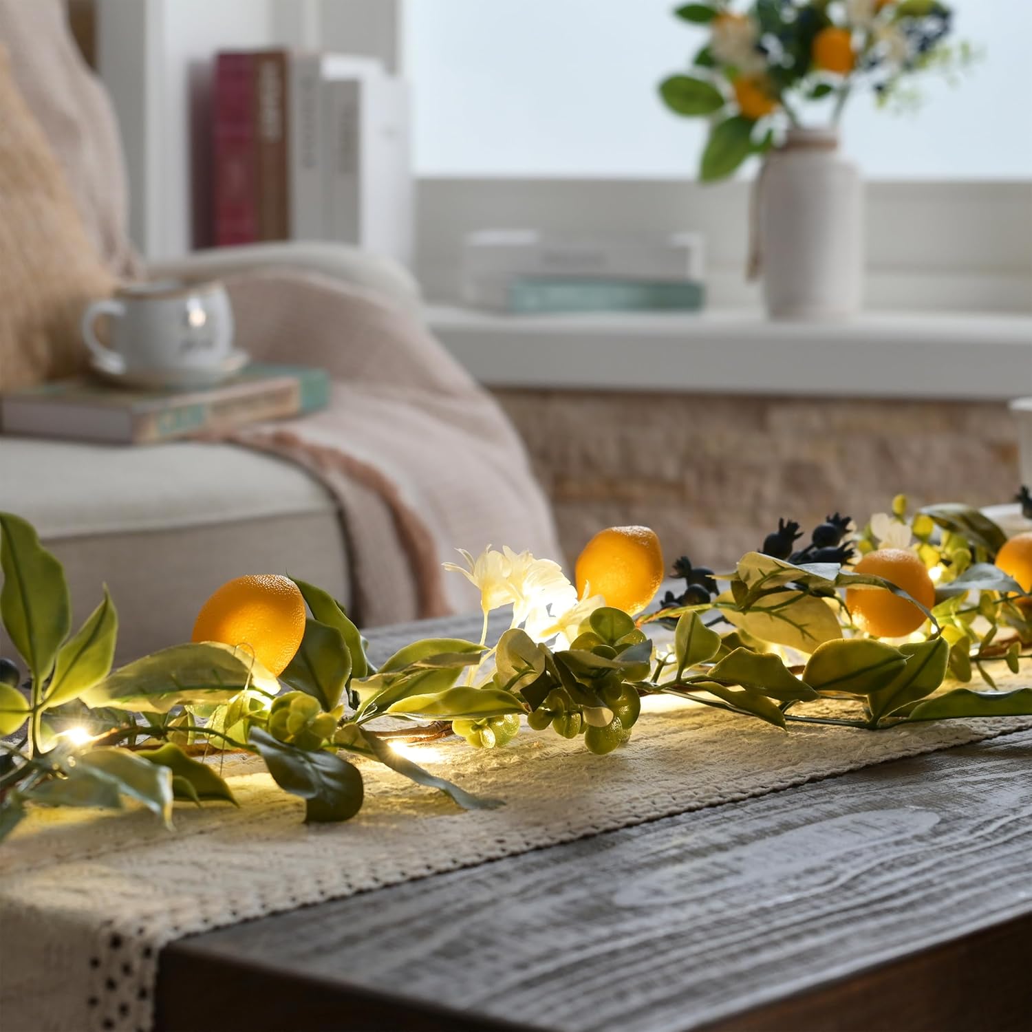 Valery Madelyn Summer Lemon Garland for Mantle with Lights, 6FT Spring Fake Fruit Eucalyptus Garland for Stairs, Artificial Thick Faux Greenery Vine for Farmhouse Home Kitchen Table Centerpiece