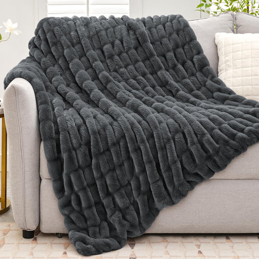 Ultra-Soft Faux Rabbit Fur Throw Blanket 50"x60",Cosy Fuzzy & Plush Delight Blanket for Couch & Bed, Super Heavy Warm Fluffy Thick Blanket for Sofa Bedroom Living Room Home Decor - Dark Grey