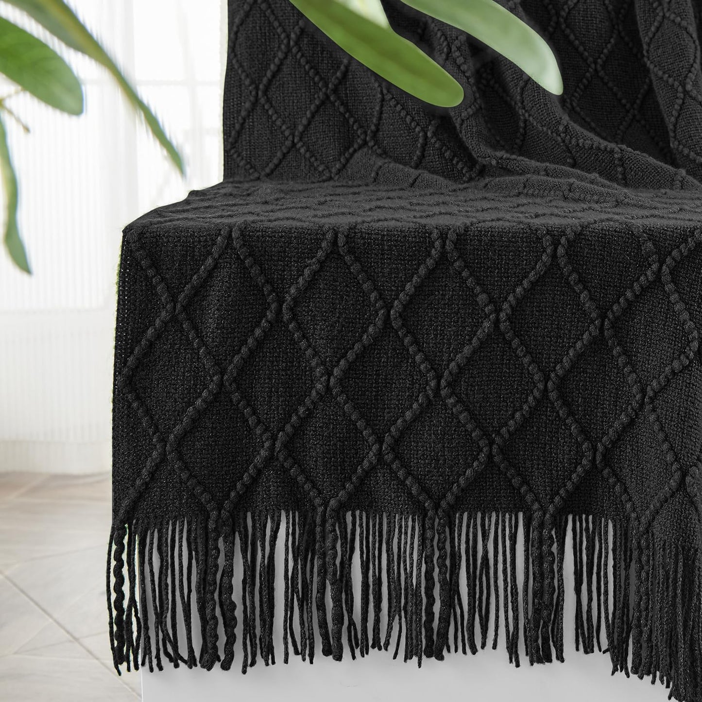 inhand Knit Klein Blue Throw Blanket for Couch, Soft Living Room Home Decor Knitted Blanket with Tassel, Outdoor Lightweight Breathable Summer Blanket, Farmhouse Warm Woven Decorative, 50"x60"