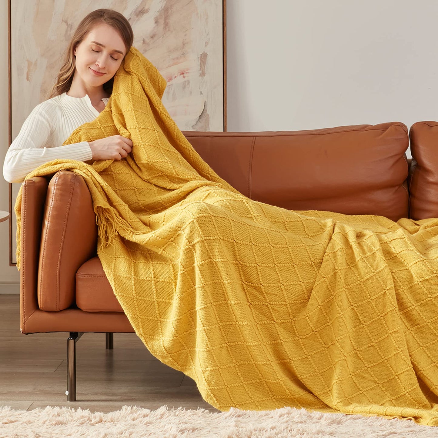 inhand Knit Klein Blue Throw Blanket for Couch, Soft Living Room Home Decor Knitted Blanket with Tassel, Outdoor Lightweight Breathable Summer Blanket, Farmhouse Warm Woven Decorative, 50"x60"