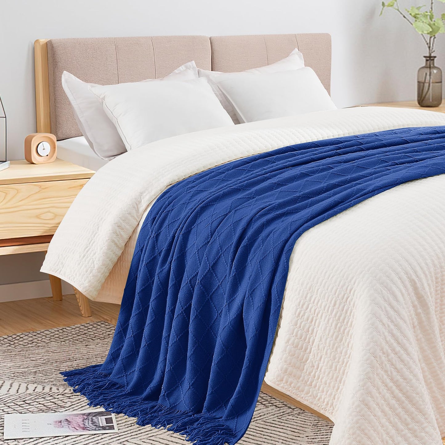 inhand Knit Klein Blue Throw Blanket for Couch, Soft Living Room Home Decor Knitted Blanket with Tassel, Outdoor Lightweight Breathable Summer Blanket, Farmhouse Warm Woven Decorative, 50"x60"
