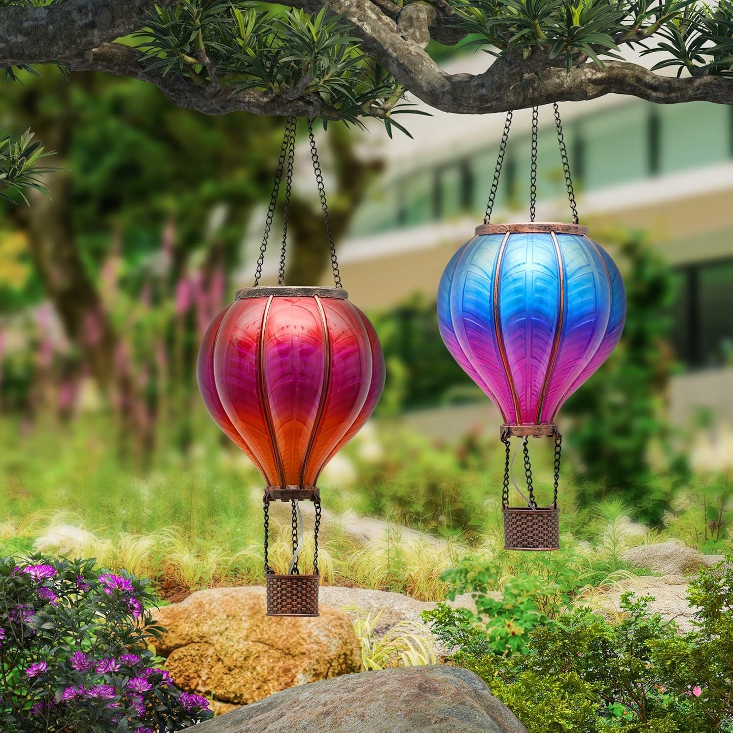 TERESA'S COLLECTIONS 2 Pcs Hot Air Balloon Solar Lantern Outdoor Garden Decor, Waterproof Hanging Solar Lantern with Flickering Flame Light for Yard Tree,Gift for Mom Lovers,18"
